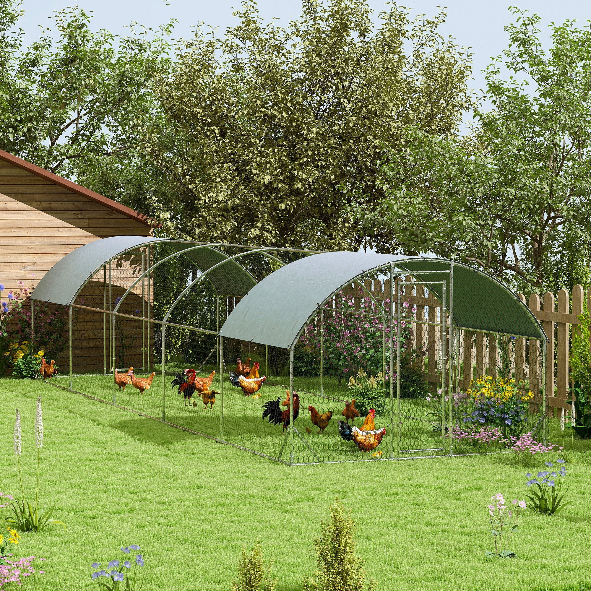 PawHut Large Chicken Coop Metal Chicken Run with Waterproof and Anti-UV Cover, Dome Shaped Walk in Fence Cage Hen House for Outdoor and Yard Farm Use, 1" Tube Diameter, 9.2' x 31.2' x 6.5'