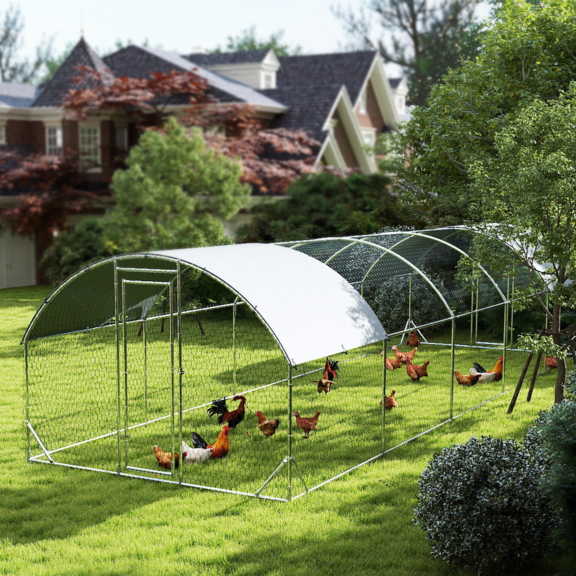PawHut Large Chicken Coop Metal Chicken Run with Waterproof and Anti-UV Cover, Dome Shaped Walk in Fence Cage Hen House for Outdoor and Yard Farm Use, 1" Tube Diameter, 9.2' x 31.2' x 6.5'