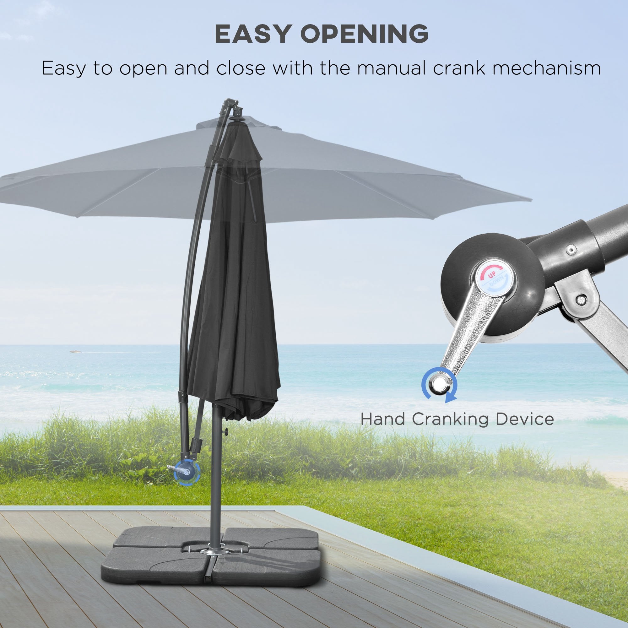 Outsunny 9.6ft Offset Patio Umbrella with Base, Garden Hanging Parasol with Crank, Banana Cantilever Umbrella Sun Shade, Black