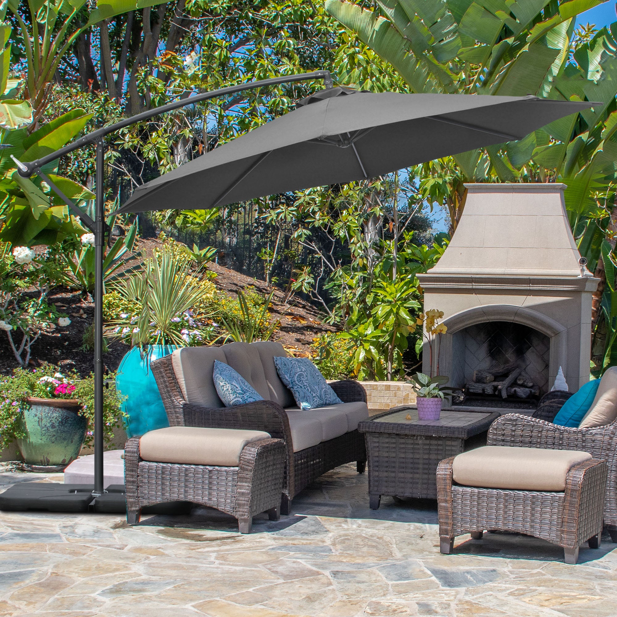 Outsunny 9.6ft Offset Patio Umbrella with Base, Garden Hanging Parasol with Crank, Banana Cantilever Umbrella Sun Shade, Black