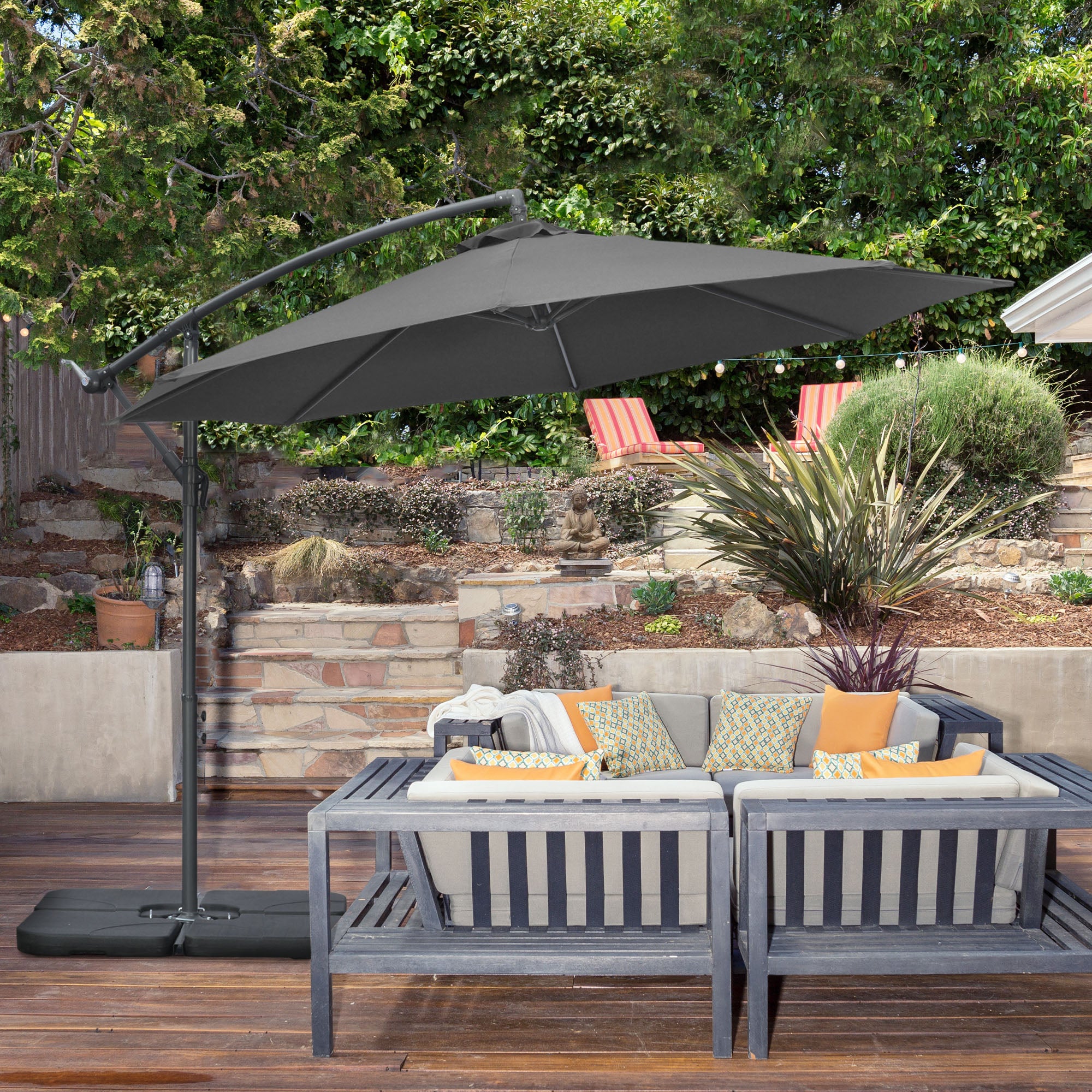 Outsunny 9.6ft Offset Patio Umbrella with Base, Garden Hanging Parasol with Crank, Banana Cantilever Umbrella Sun Shade, Black