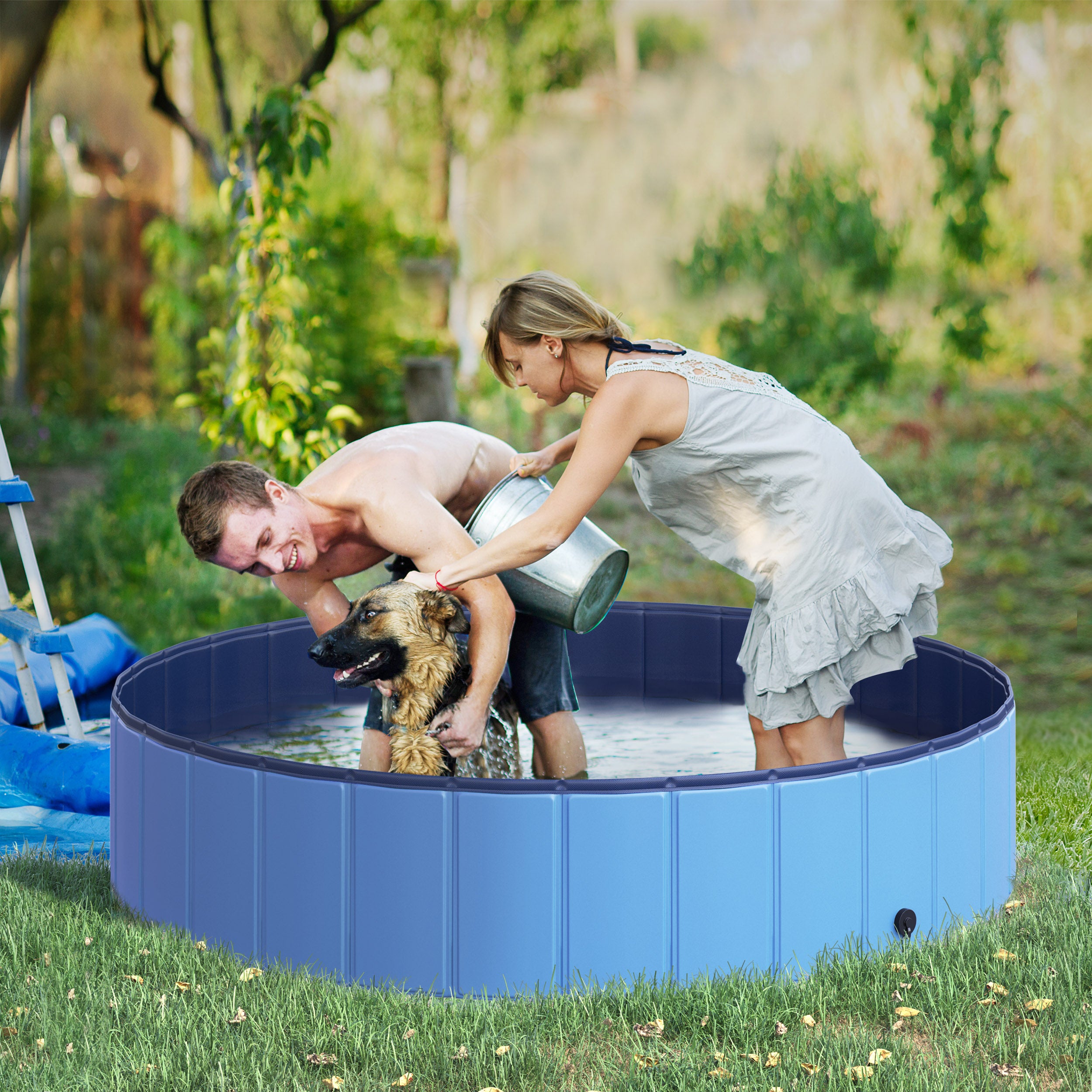 PawHut Foldable Dog Paddling Pool Pet Cat Swimming Pool Indoor/Outdoor Collapsible Summer Bathing Tub Shower Tub Puppy Washer (Φ140 x 30H (cm), Blue)