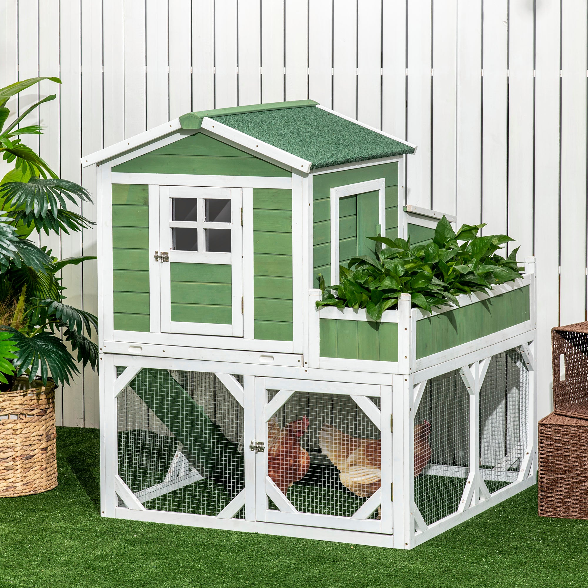 PawHut 42" Chicken Coop, Wooden Hen Run House, Rabbit Hutch with Nesting Box, Removable Tray, Asphalt Roof, Planting Lattice, Green