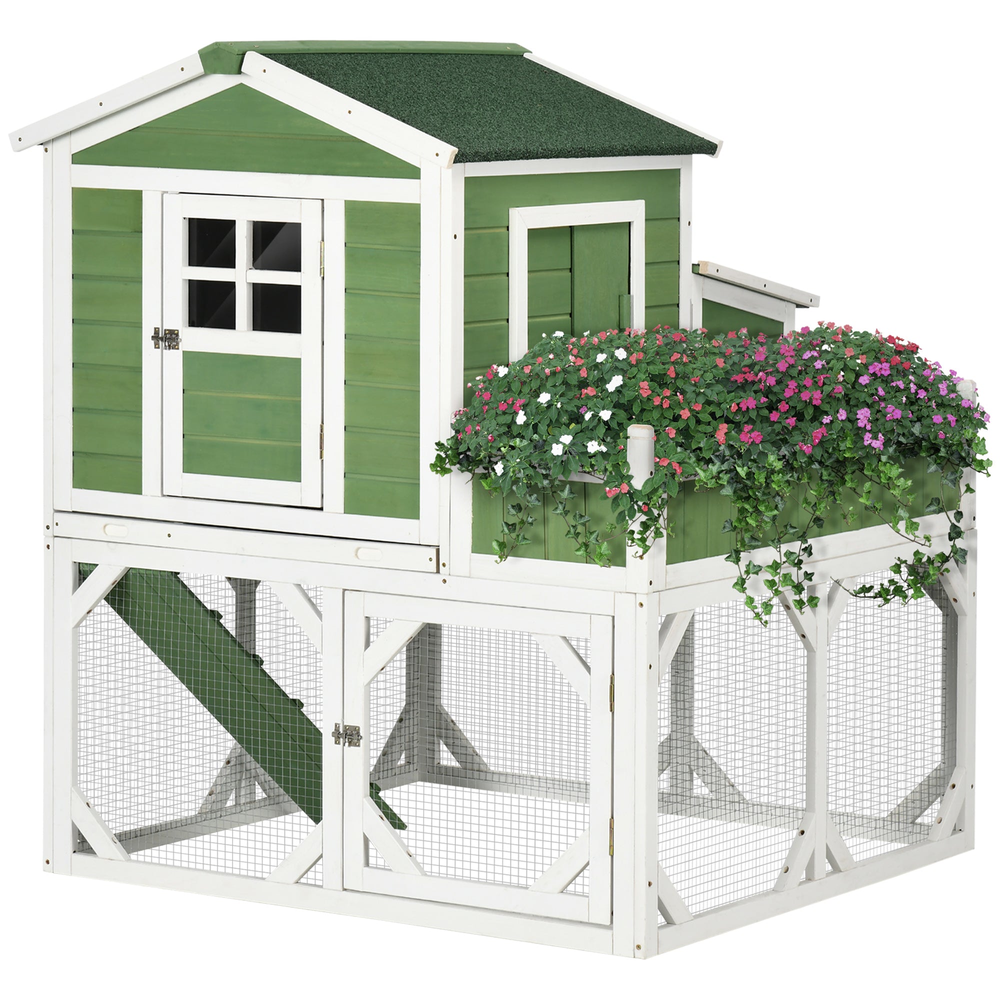PawHut 42" Chicken Coop, Wooden Hen Run House, Rabbit Hutch with Nesting Box, Removable Tray, Asphalt Roof, Planting Lattice, Green