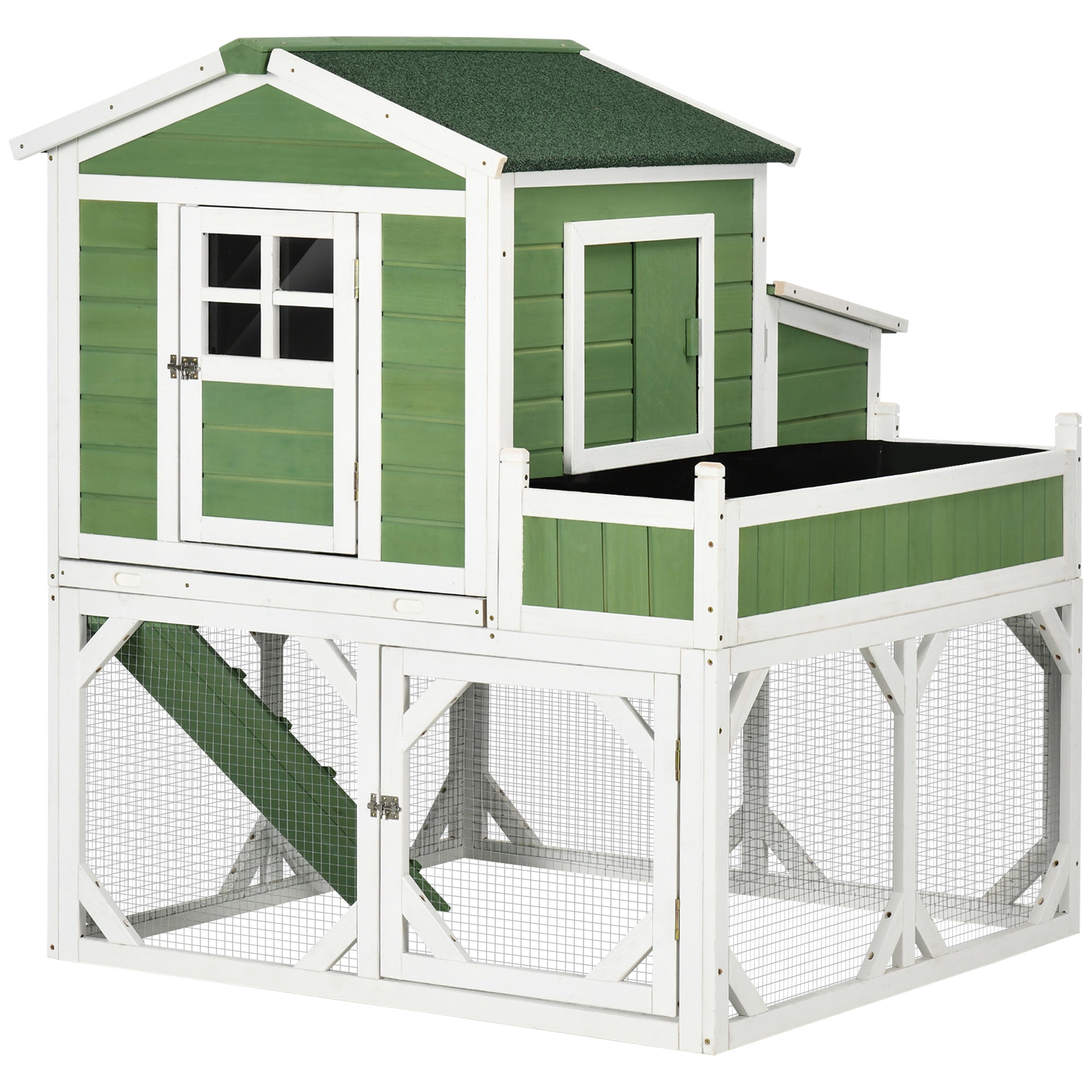 PawHut 42" Chicken Coop, Wooden Hen Run House, Rabbit Hutch with Nesting Box, Removable Tray, Asphalt Roof, Planting Lattice, Green