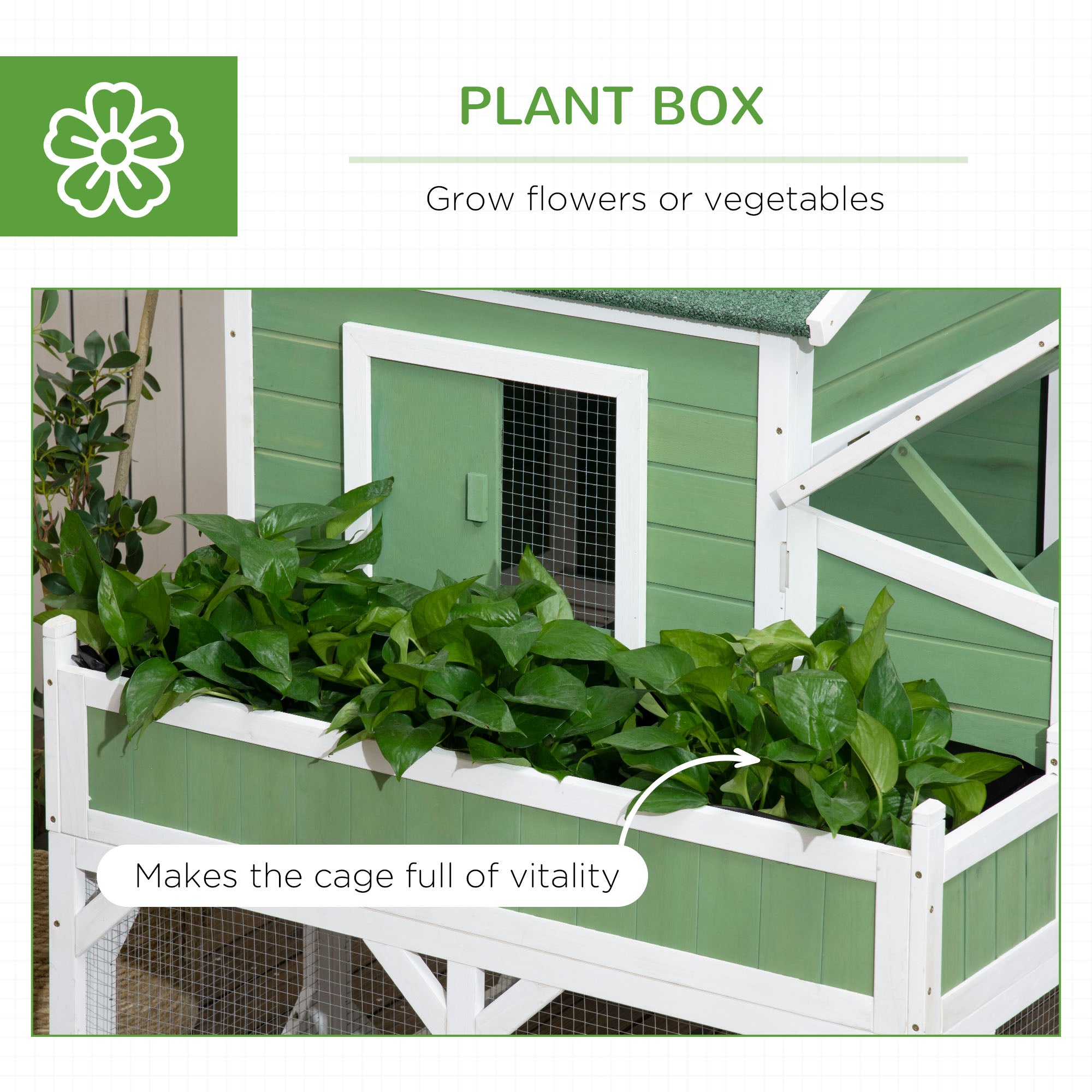 PawHut 42" Chicken Coop, Wooden Hen Run House, Rabbit Hutch with Nesting Box, Removable Tray, Asphalt Roof, Planting Lattice, Green