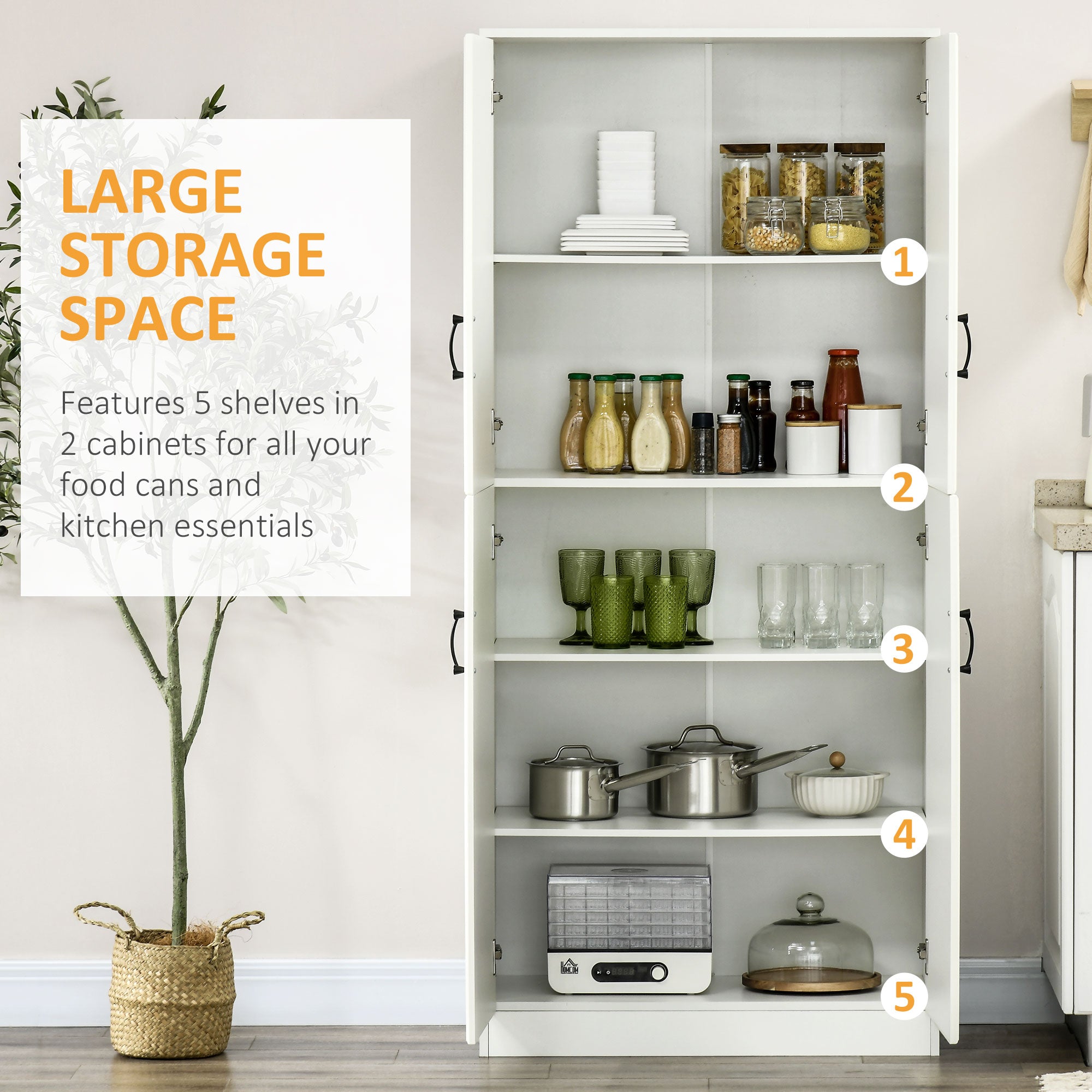 HOMCOM 71" Kitchen Pantry Cabinet, Freestanding Storage Cupboard with 4 Hinged Doors and Adjustable Shelves, White