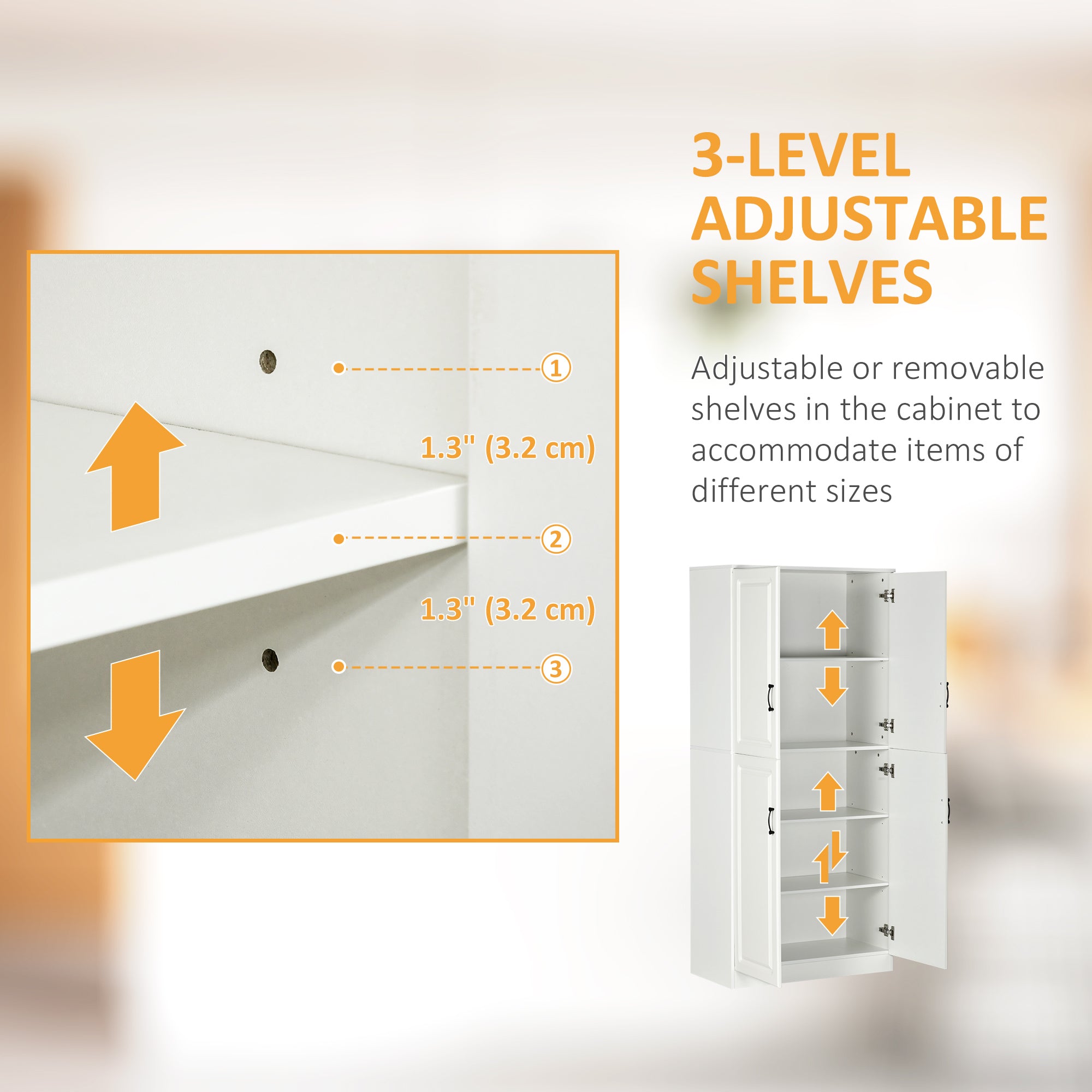 HOMCOM 71" Kitchen Pantry Cabinet, Freestanding Storage Cupboard with 4 Hinged Doors and Adjustable Shelves, White