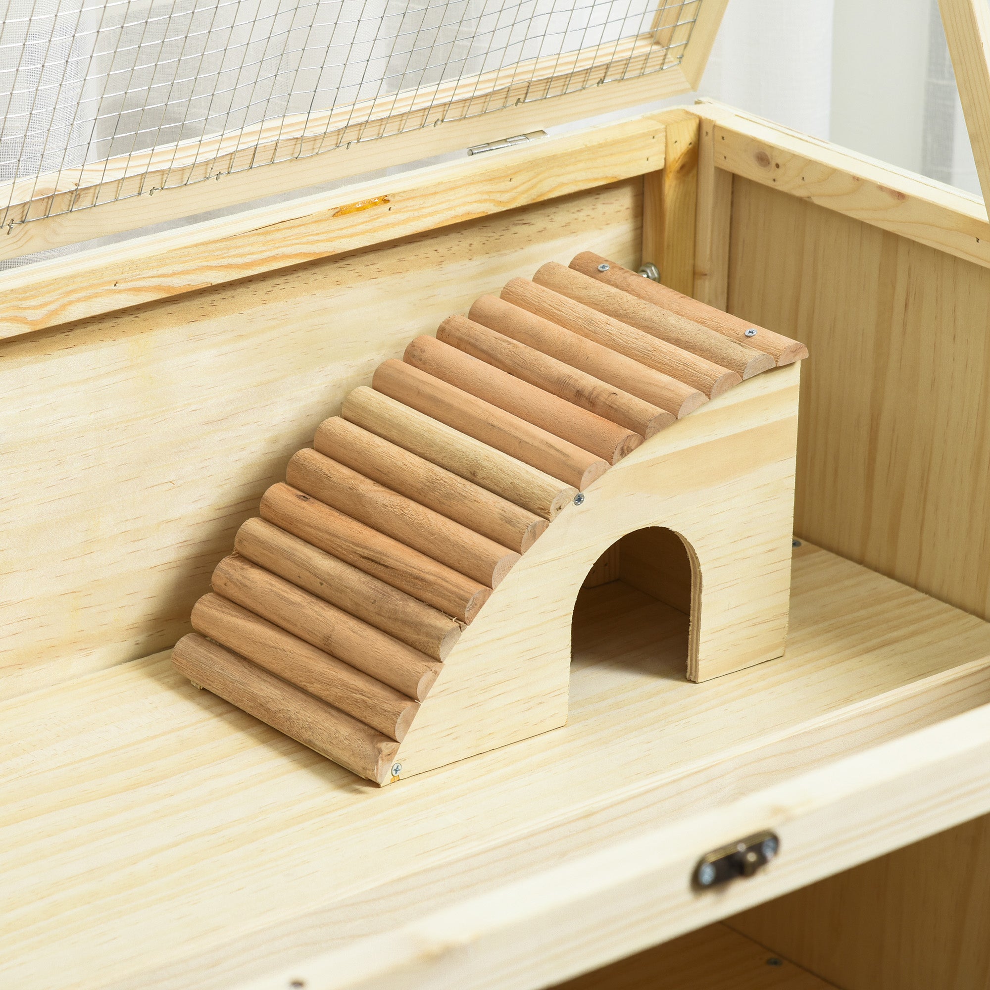 PawHut Wooden Hamster Cage, 3 Tier Rat Cage with Openable Roof, Run, Ladders, Wheels, Tray, for Hamsters, Rats, Syrian, Small Animals Exercise Play House, Natural Wood