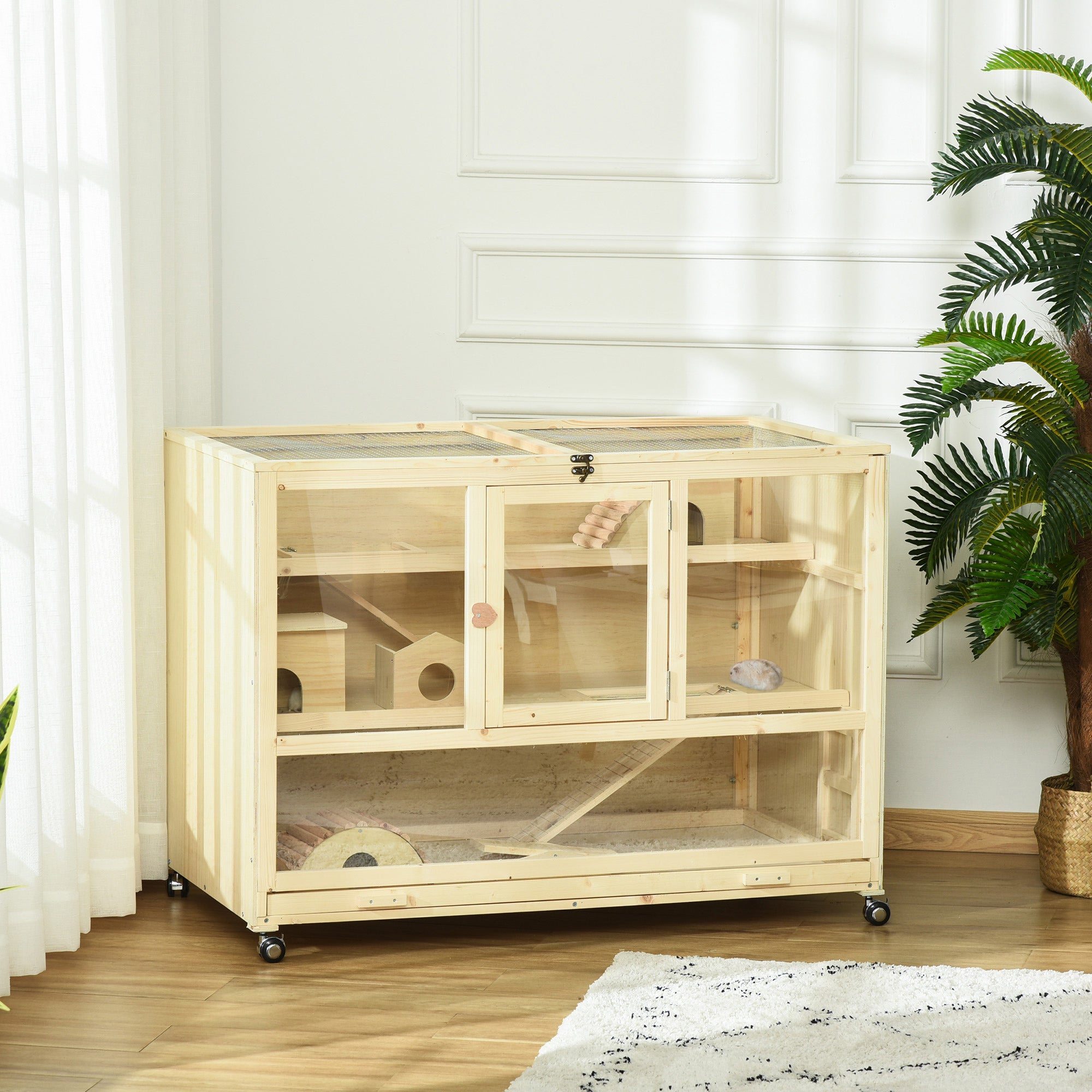 PawHut Wooden Hamster Cage, 3 Tier Rat Cage with Openable Roof, Run, Ladders, Wheels, Tray, for Hamsters, Rats, Syrian, Small Animals Exercise Play House, Natural Wood