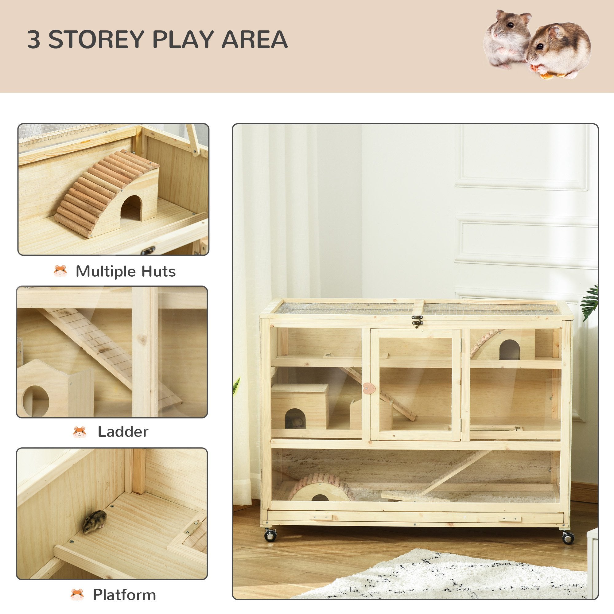 PawHut Wooden Hamster Cage, 3 Tier Rat Cage with Openable Roof, Run, Ladders, Wheels, Tray, for Hamsters, Rats, Syrian, Small Animals Exercise Play House, Natural Wood