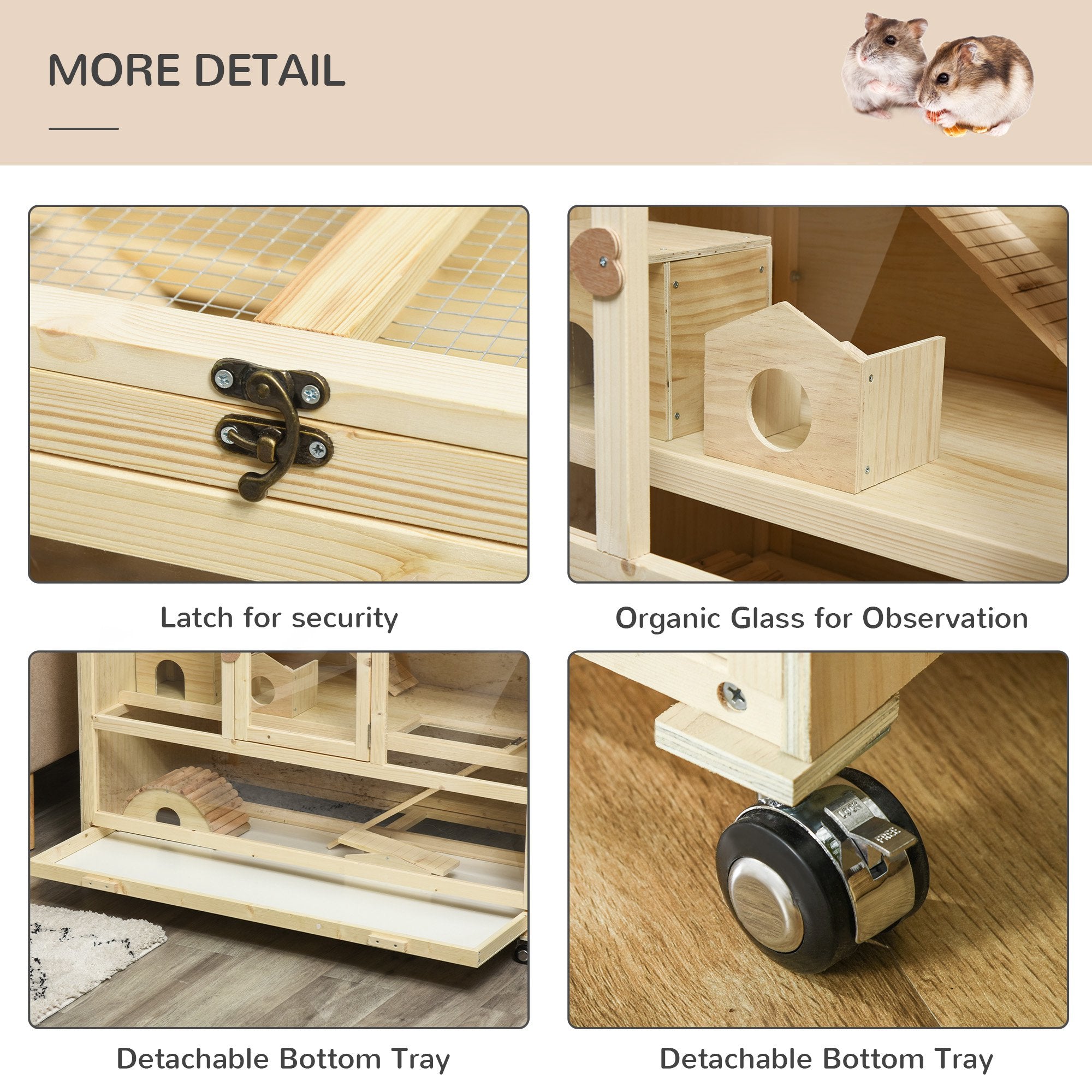 PawHut Wooden Hamster Cage, 3 Tier Rat Cage with Openable Roof, Run, Ladders, Wheels, Tray, for Hamsters, Rats, Syrian, Small Animals Exercise Play House, Natural Wood