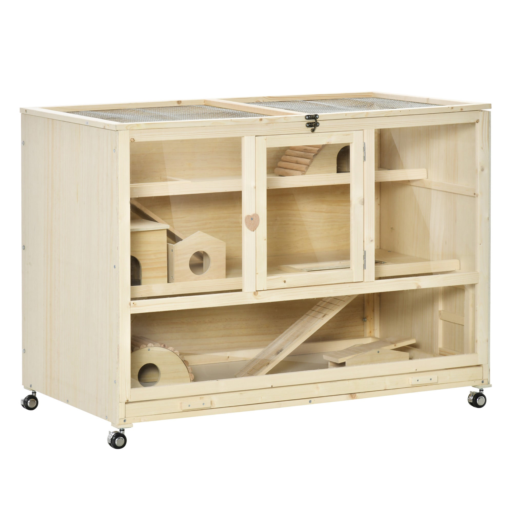 PawHut Wooden Hamster Cage, 3 Tier Rat Cage with Openable Roof, Run, Ladders, Wheels, Tray, for Hamsters, Rats, Syrian, Small Animals Exercise Play House, Natural Wood