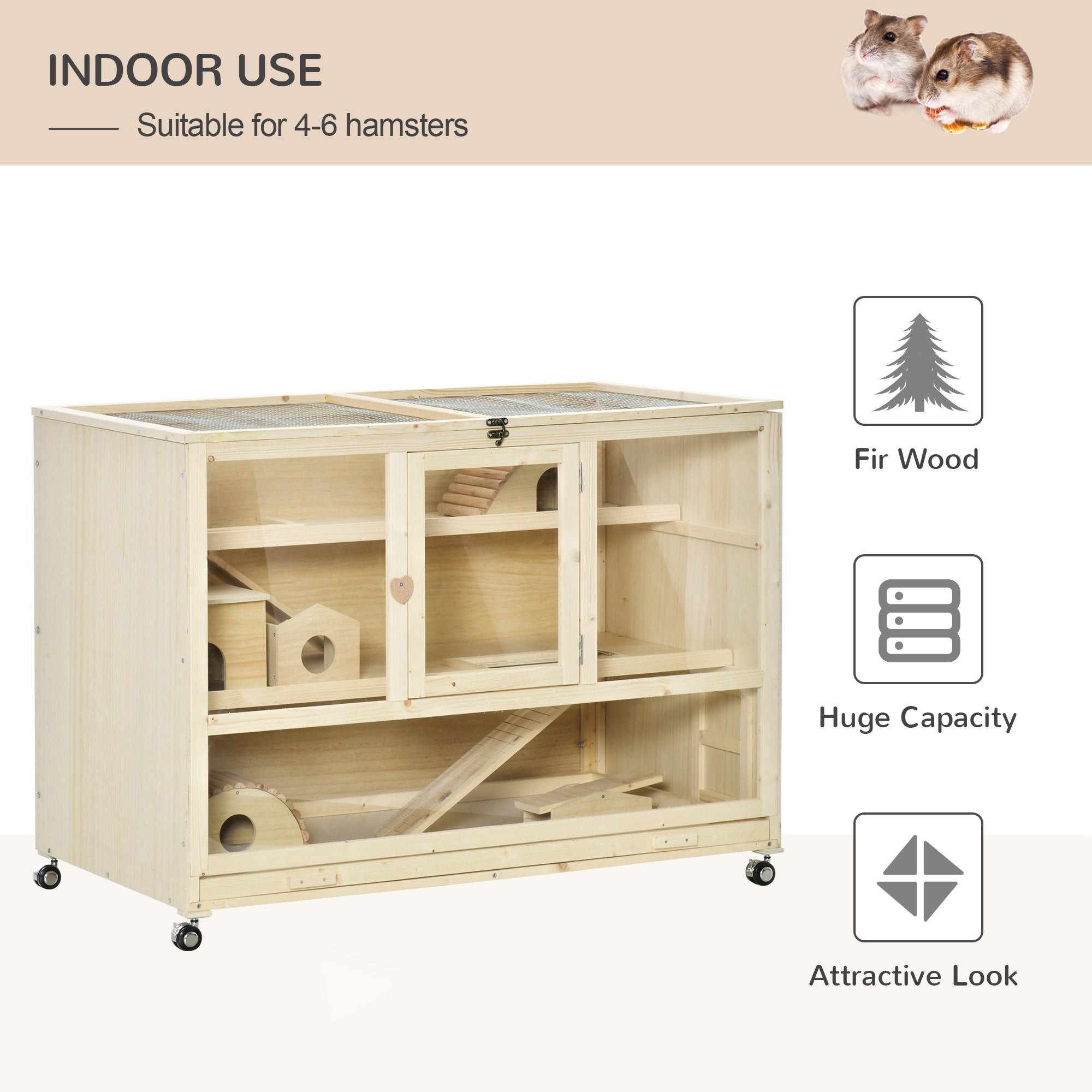 PawHut Wooden Hamster Cage, 3 Tier Rat Cage with Openable Roof, Run, Ladders, Wheels, Tray, for Hamsters, Rats, Syrian, Small Animals Exercise Play House, Natural Wood