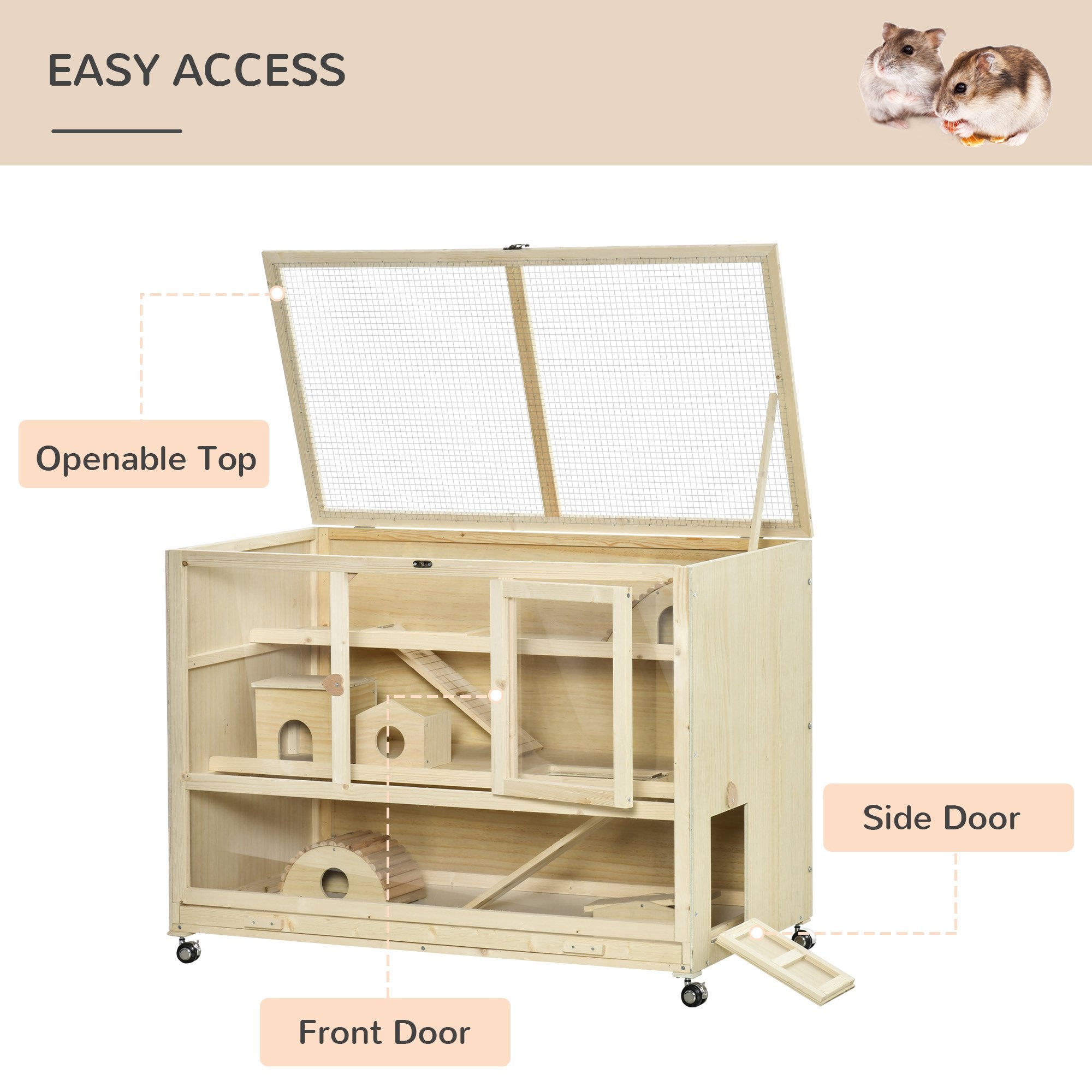 PawHut Wooden Hamster Cage, 3 Tier Rat Cage with Openable Roof, Run, Ladders, Wheels, Tray, for Hamsters, Rats, Syrian, Small Animals Exercise Play House, Natural Wood