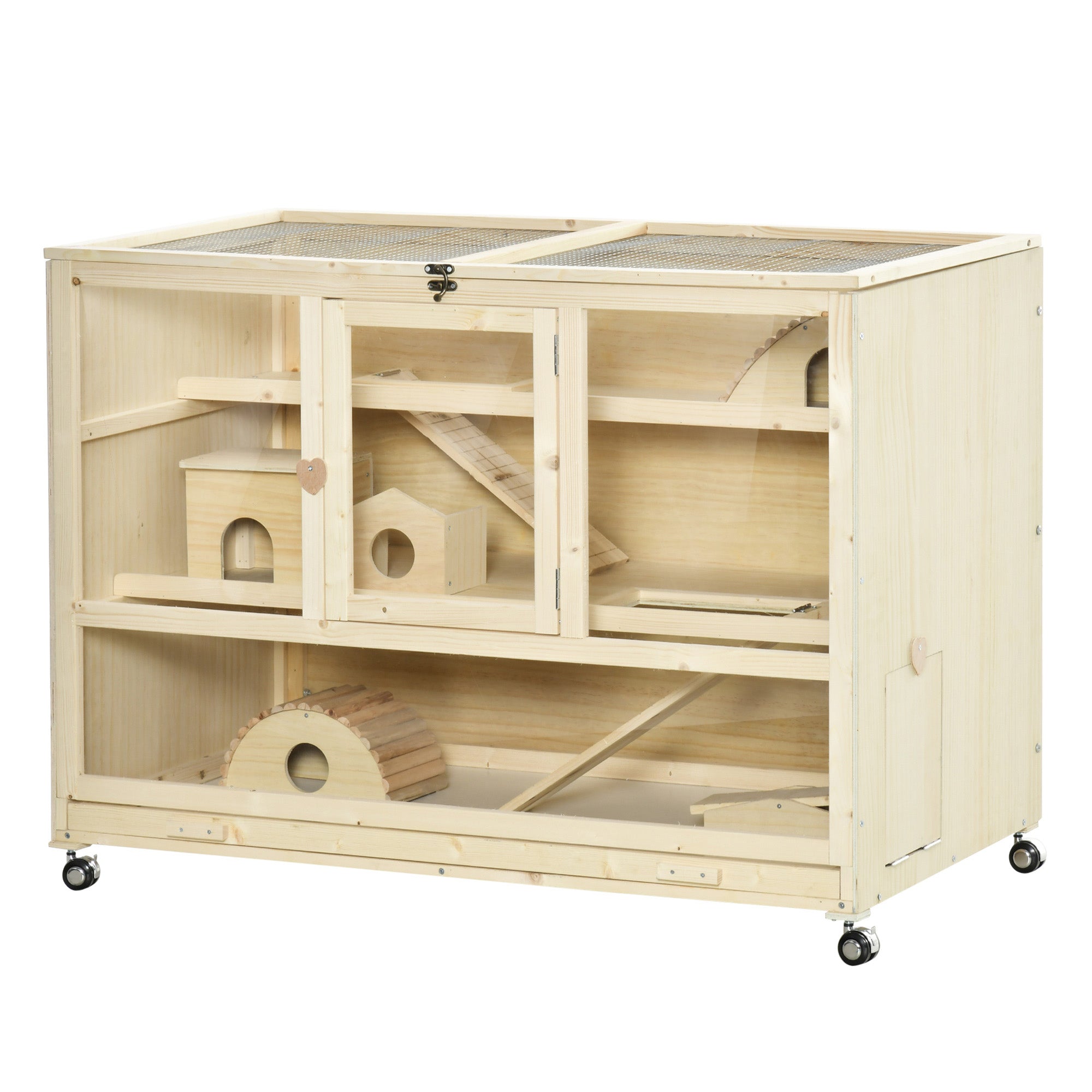 PawHut Wooden Hamster Cage, 3 Tier Rat Cage with Openable Roof, Run, Ladders, Wheels, Tray, for Hamsters, Rats, Syrian, Small Animals Exercise Play House, Natural Wood