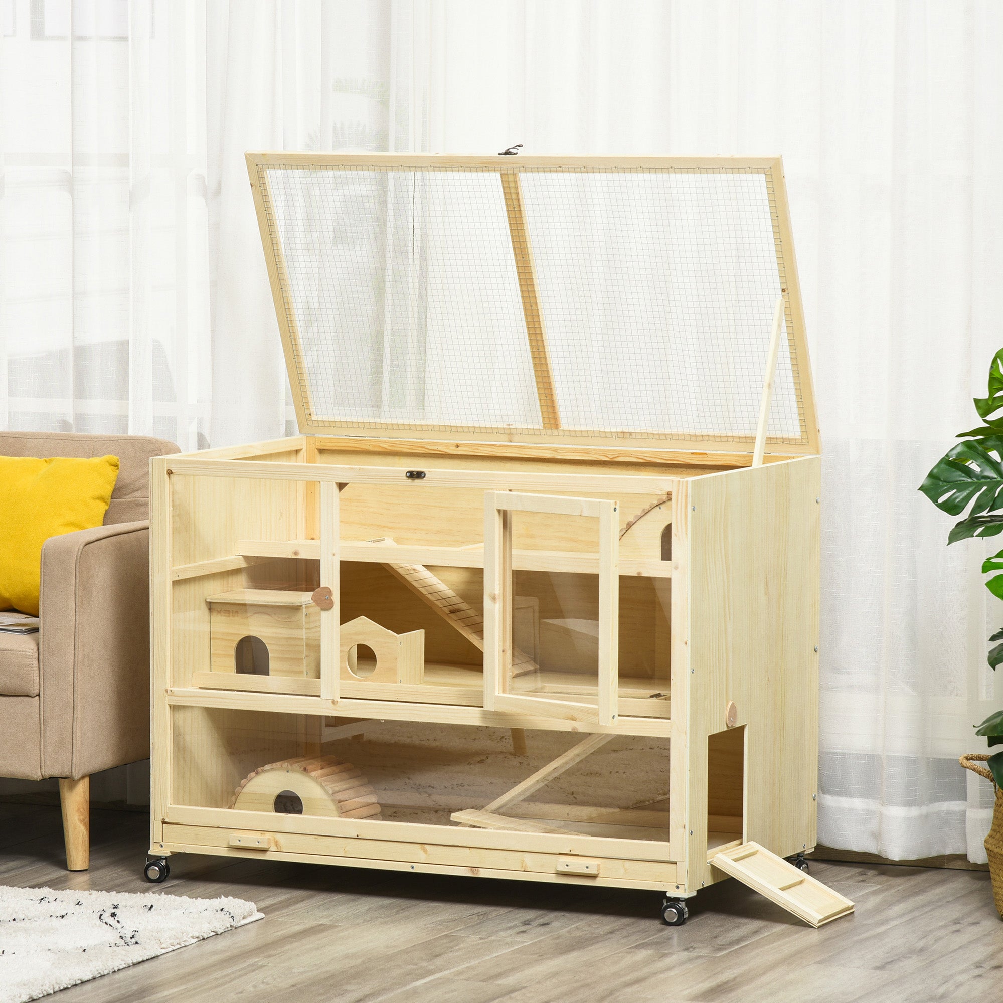 PawHut Wooden Hamster Cage, 3 Tier Rat Cage with Openable Roof, Run, Ladders, Wheels, Tray, for Hamsters, Rats, Syrian, Small Animals Exercise Play House, Natural Wood