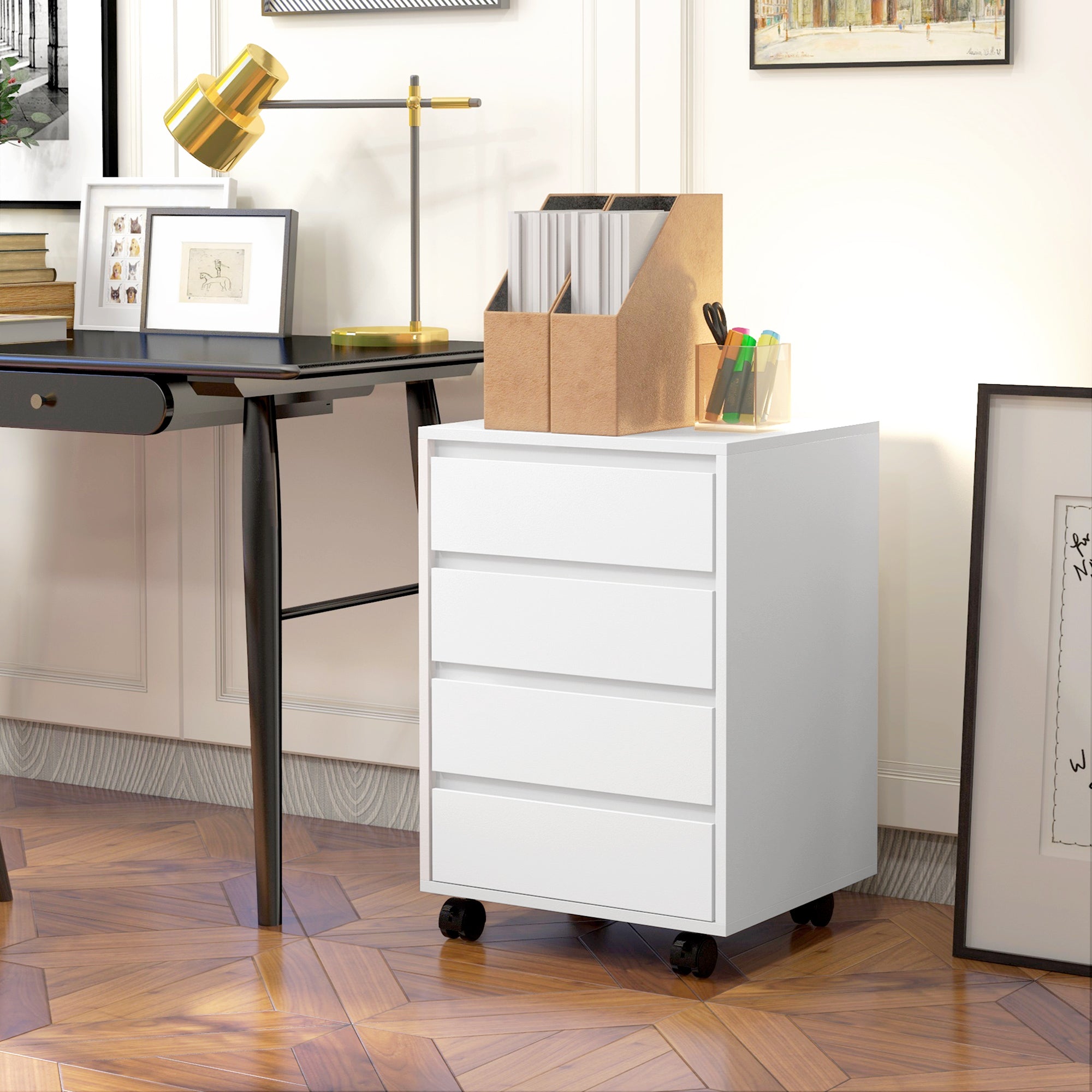 HOMCOM Mobile Filing Cabinet with 4 Drawers, Under Desk Storage Cabinet for Home Office, White