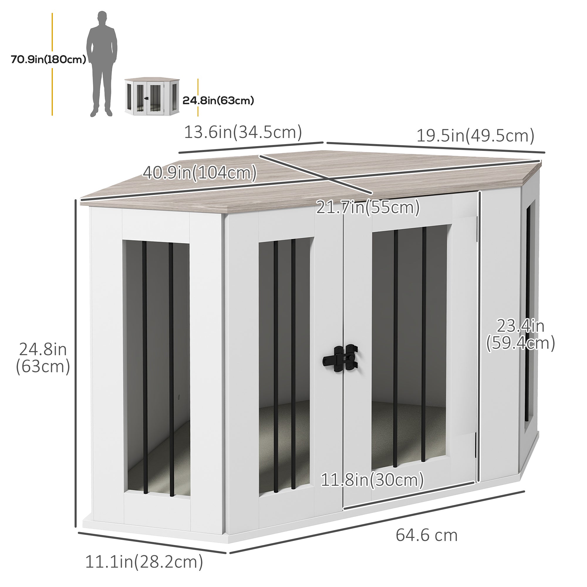 PawHut 41" Dog Crate Furniture, Corner Dog Crate End Table for Medium and Small Dogs, Indoor Dog Cage with Cushion, Door, Lock, White