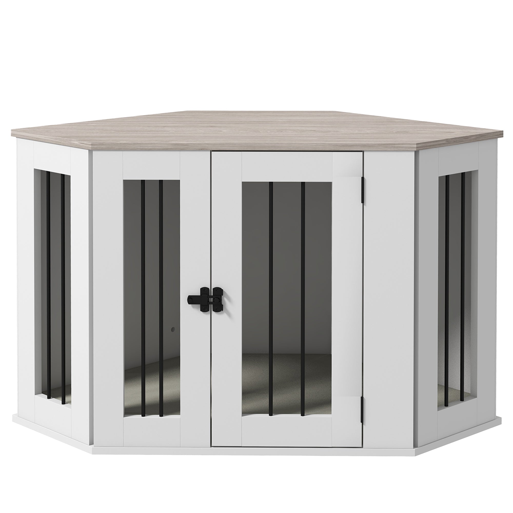 PawHut 41" Dog Crate Furniture, Corner Dog Crate End Table for Medium and Small Dogs, Indoor Dog Cage with Cushion, Door, Lock, White