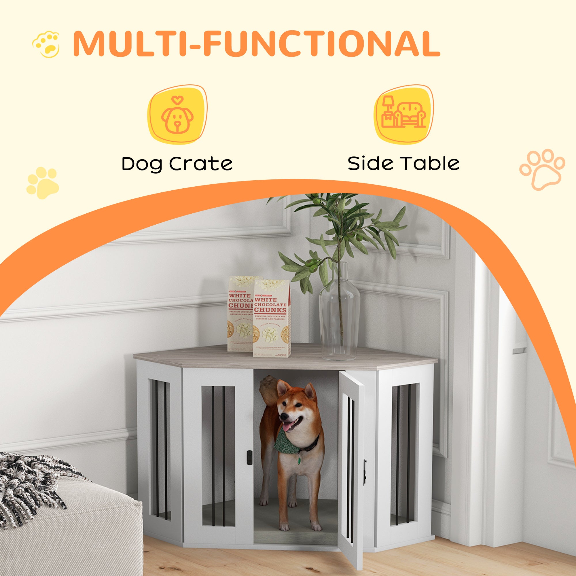 PawHut 41" Dog Crate Furniture, Corner Dog Crate End Table for Medium and Small Dogs, Indoor Dog Cage with Cushion, Door, Lock, White