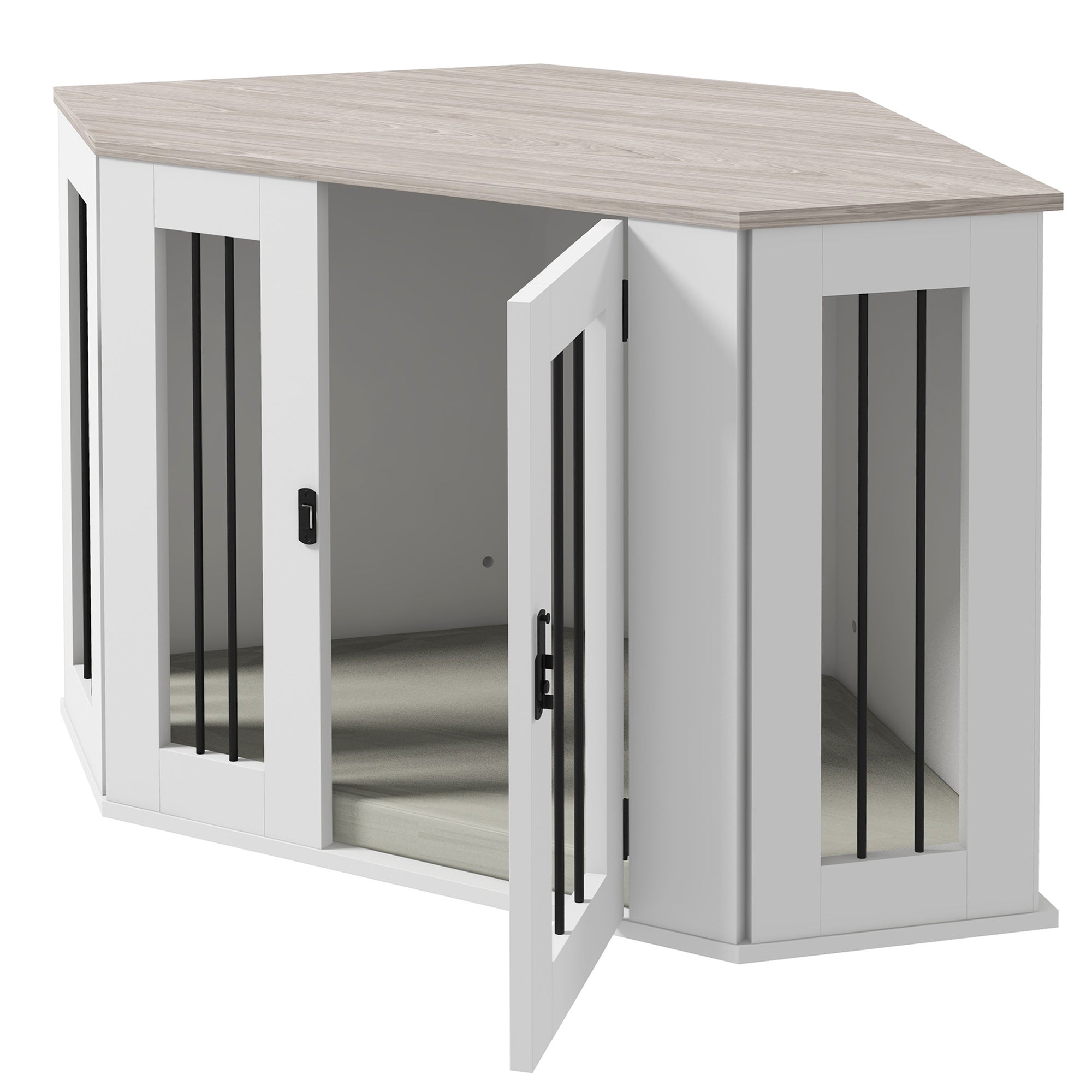 PawHut 41" Dog Crate Furniture, Corner Dog Crate End Table for Medium and Small Dogs, Indoor Dog Cage with Cushion, Door, Lock, White