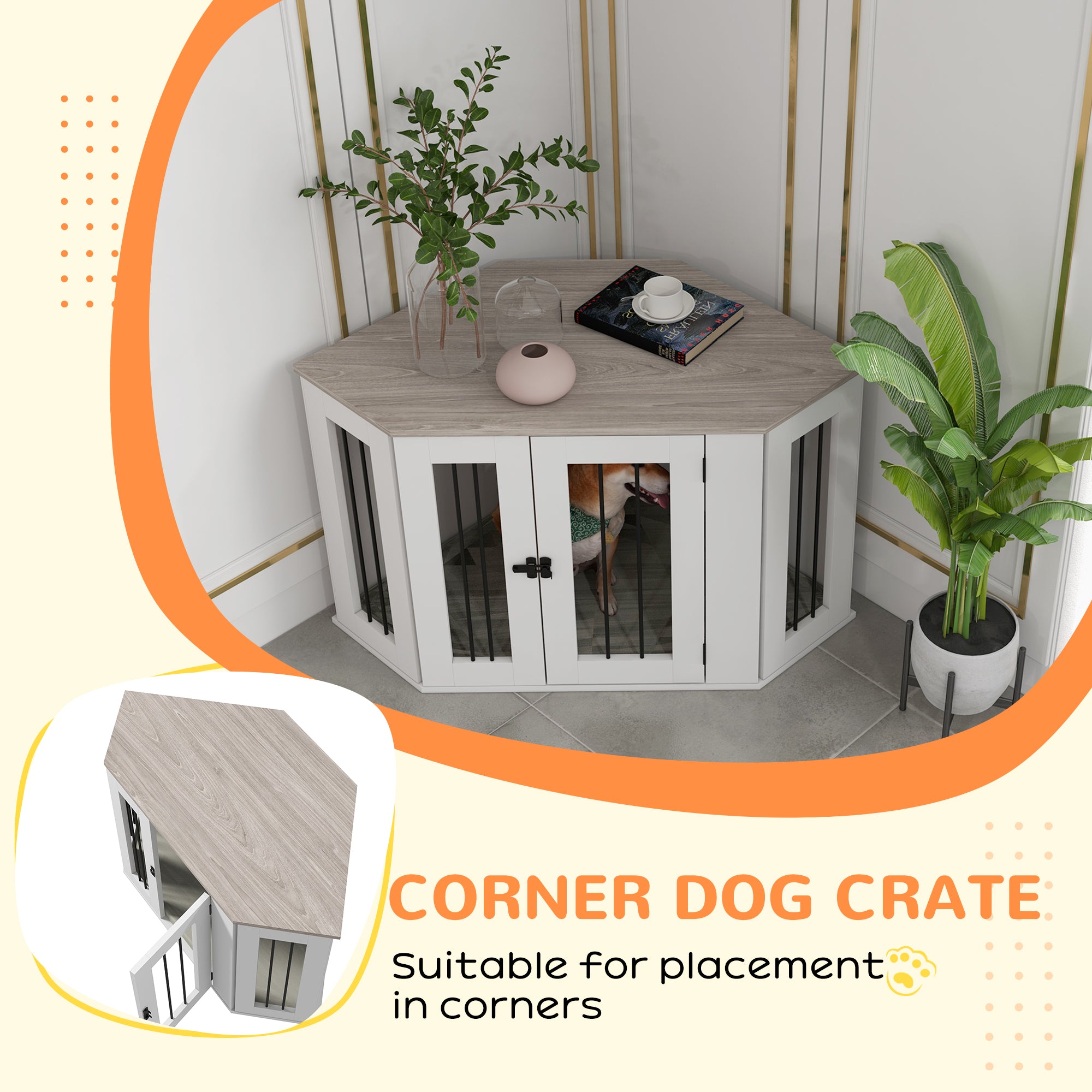 PawHut 41" Dog Crate Furniture, Corner Dog Crate End Table for Medium and Small Dogs, Indoor Dog Cage with Cushion, Door, Lock, White