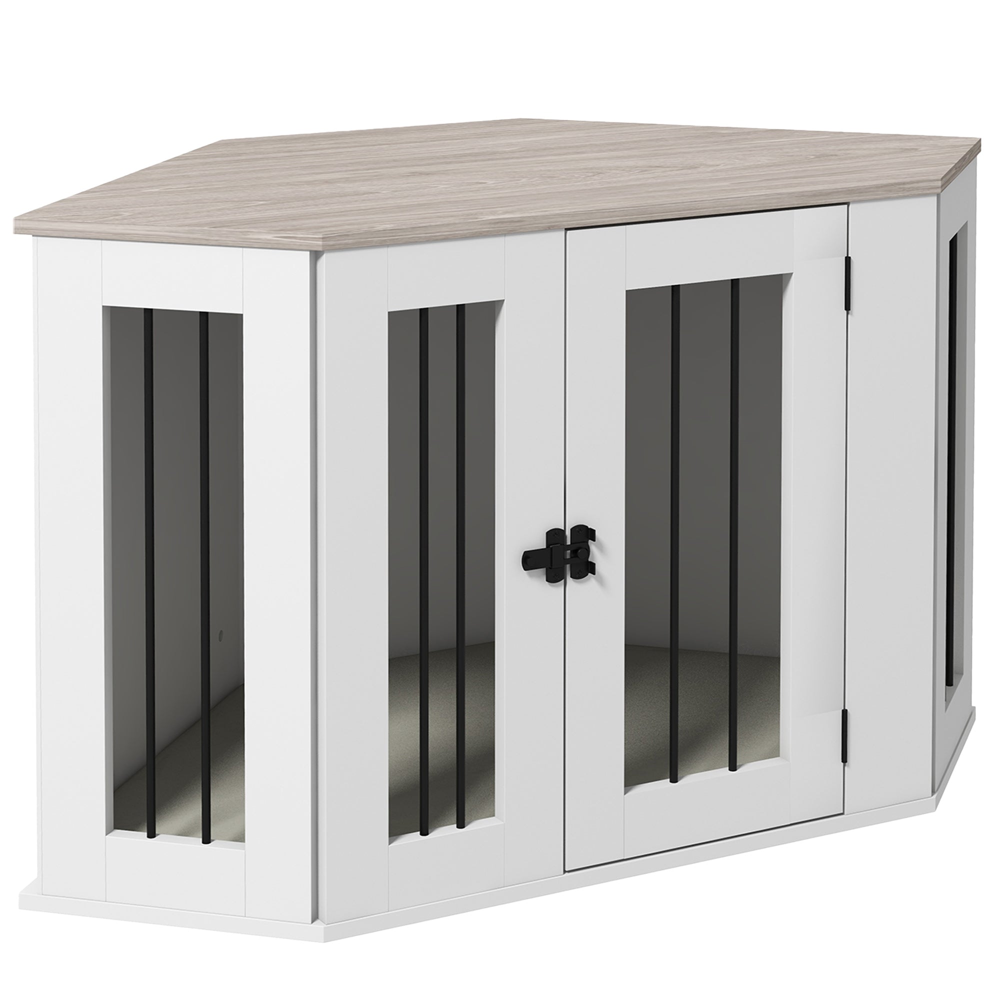 PawHut 41" Dog Crate Furniture, Corner Dog Crate End Table for Medium and Small Dogs, Indoor Dog Cage with Cushion, Door, Lock, White
