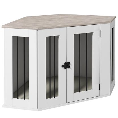 PawHut 41" Dog Crate Furniture, Corner Dog Crate End Table for Medium and Small Dogs, Indoor Dog Cage with Cushion, Door, Lock, White