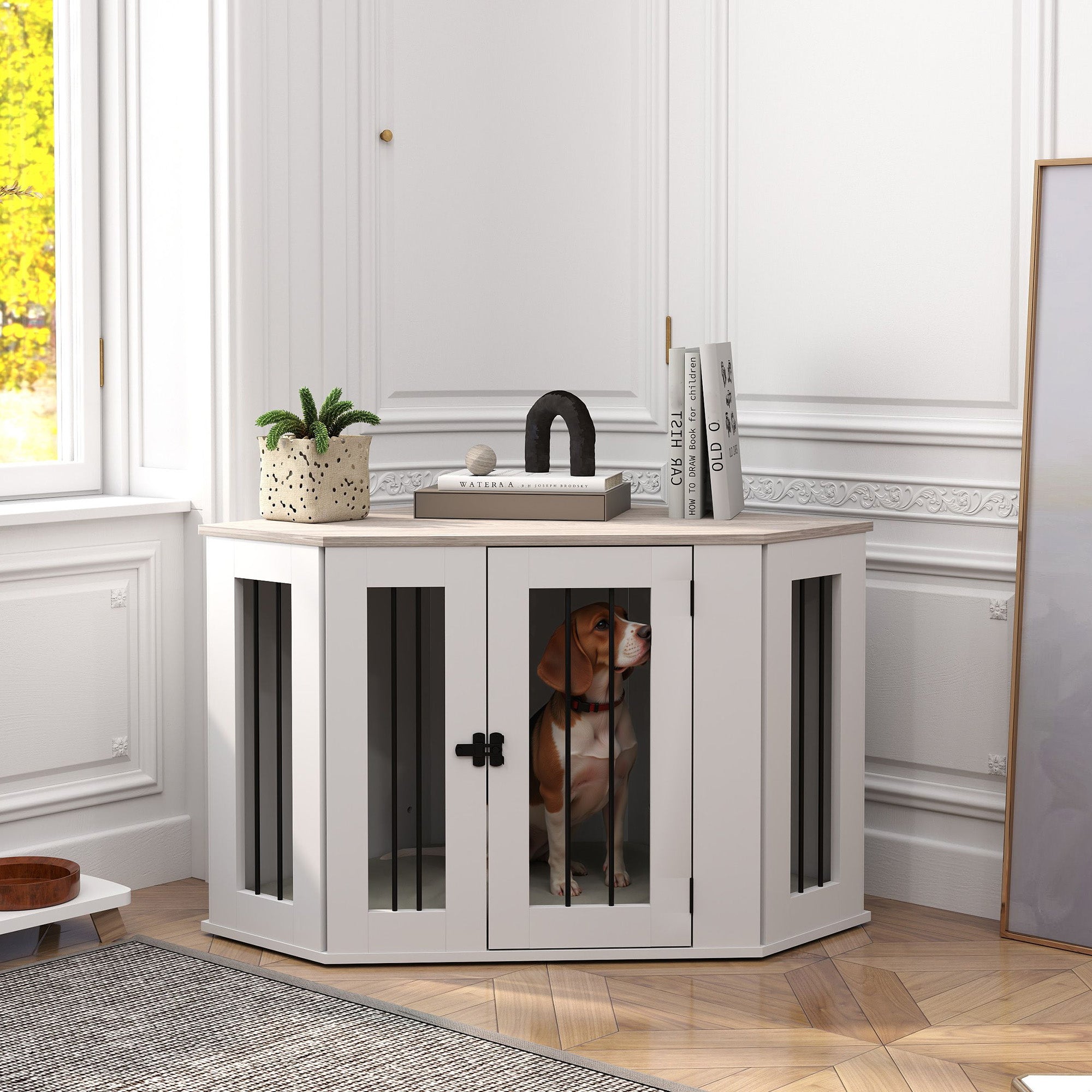 PawHut 41" Dog Crate Furniture, Corner Dog Crate End Table for Medium and Small Dogs, Indoor Dog Cage with Cushion, Door, Lock, White