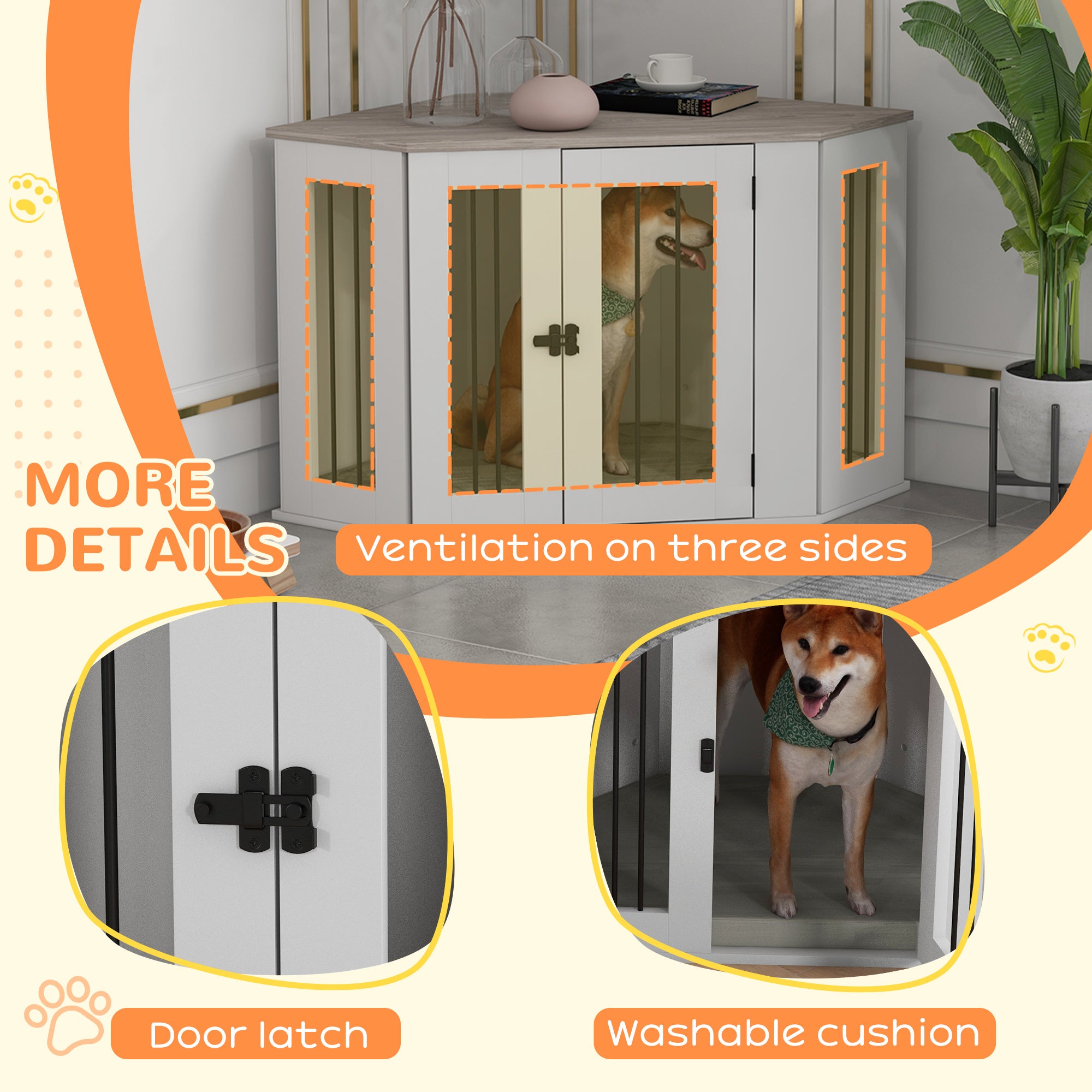 PawHut 41" Dog Crate Furniture, Corner Dog Crate End Table for Medium and Small Dogs, Indoor Dog Cage with Cushion, Door, Lock, White