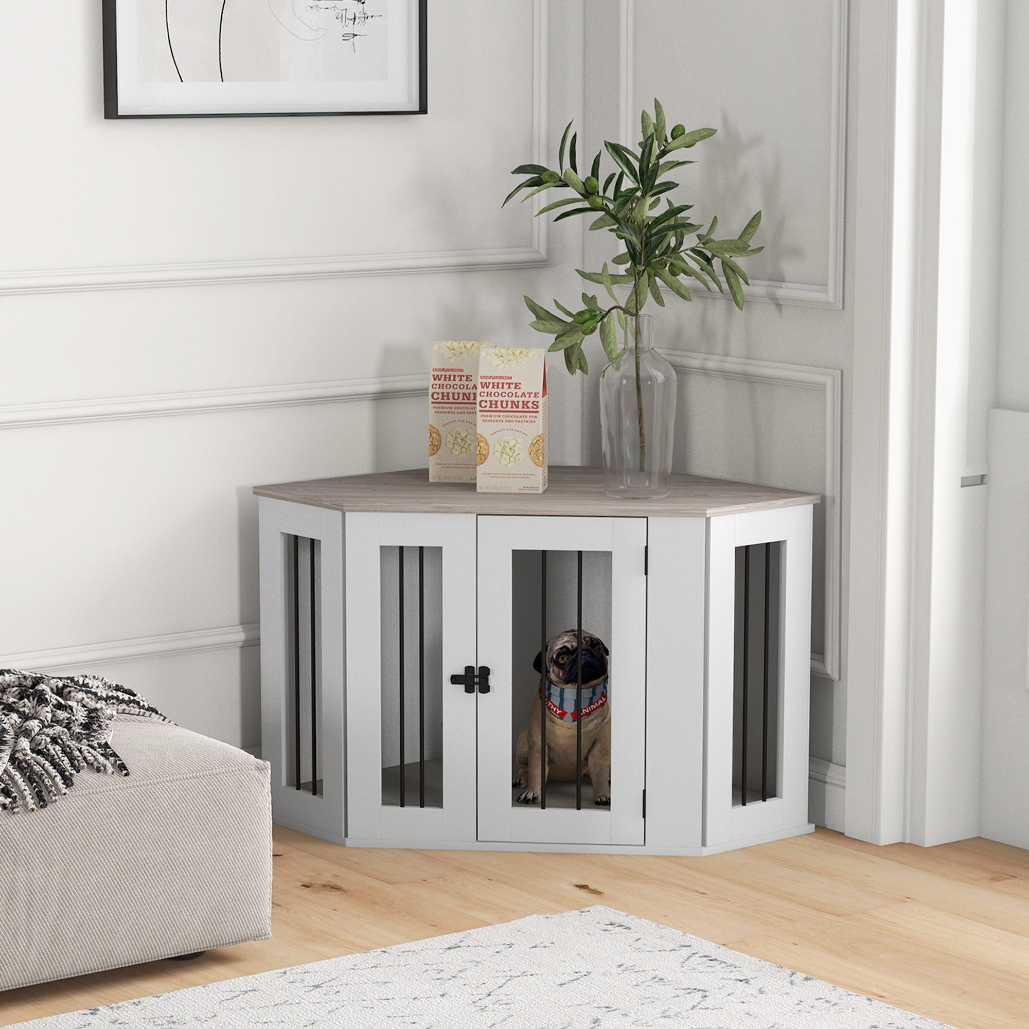 PawHut 41" Dog Crate Furniture, Corner Dog Crate End Table for Medium and Small Dogs, Indoor Dog Cage with Cushion, Door, Lock, White