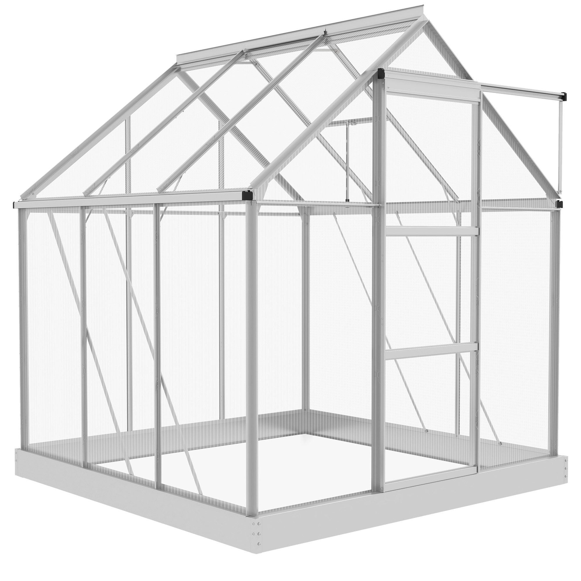Outsunny 6' x 6' Polycarbonate Greenhouse, Walk-In Greenhouse with Sliding Door, Adjustable Vent, Aluminium Frame and Foundation Kit, Garden Grow House with Rain Gutter, Silver