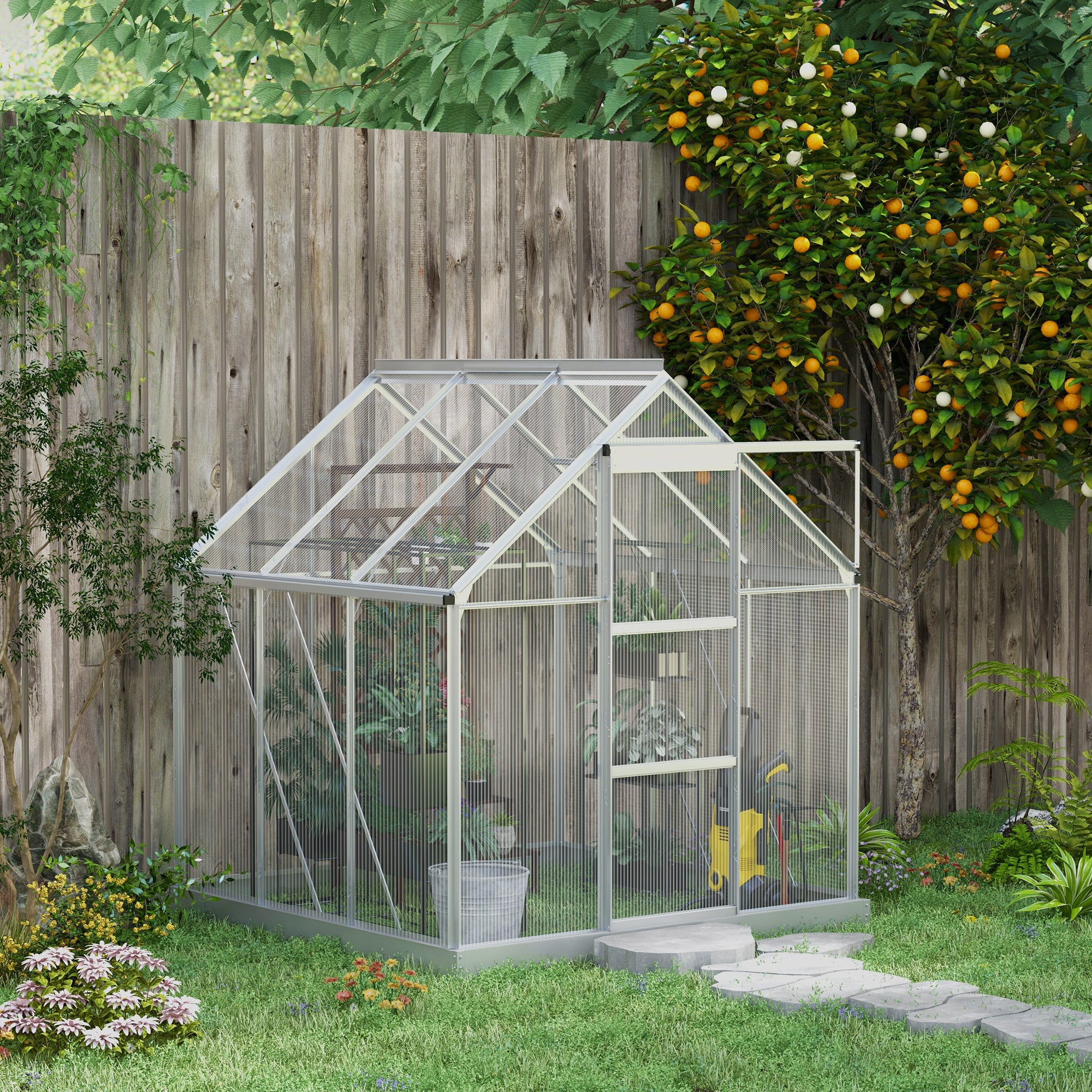 Outsunny 6' x 6' Polycarbonate Greenhouse, Walk-In Greenhouse with Sliding Door, Adjustable Vent, Aluminium Frame and Foundation Kit, Garden Grow House with Rain Gutter, Silver