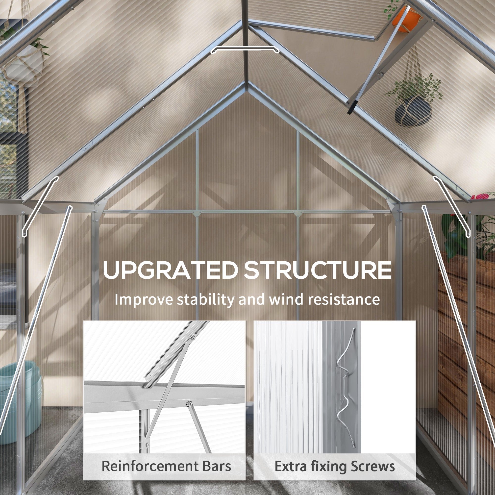 Outsunny 6' x 6' Polycarbonate Greenhouse, Walk-In Greenhouse with Sliding Door, Adjustable Vent, Aluminium Frame and Foundation Kit, Garden Grow House with Rain Gutter, Silver