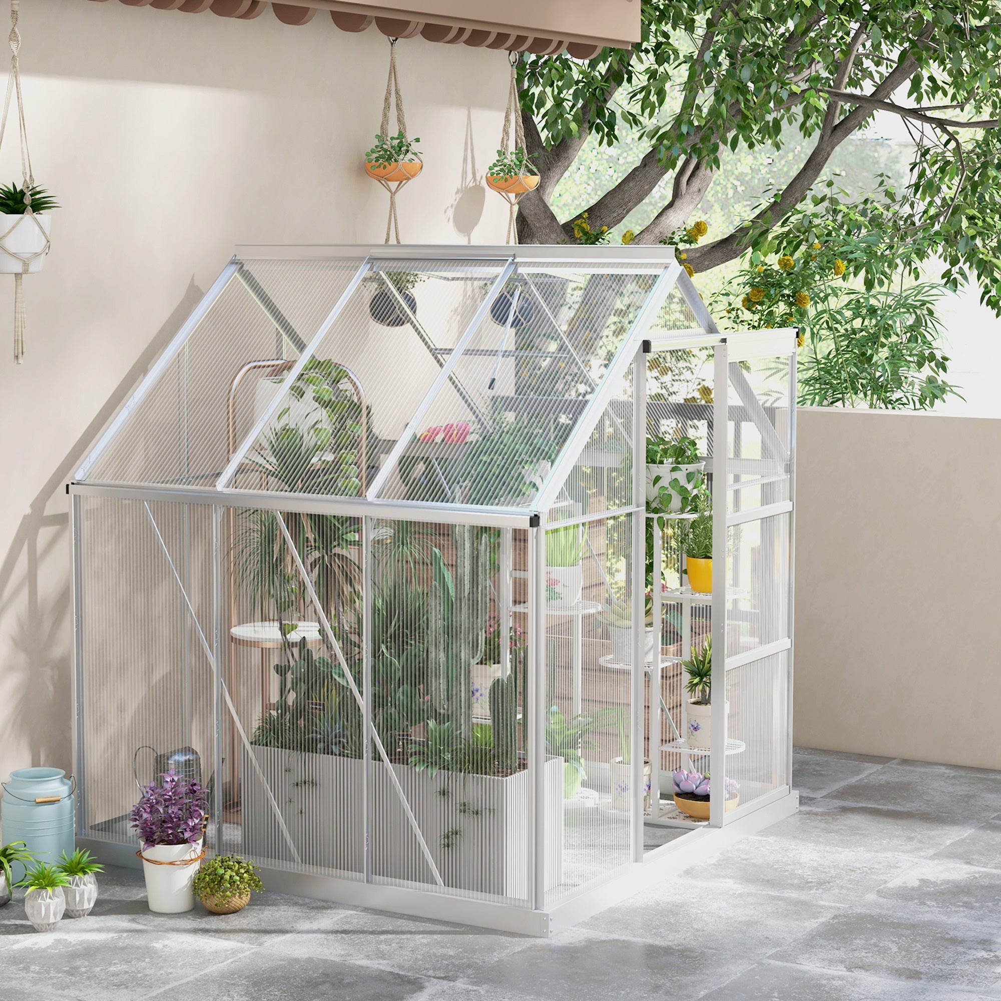 Outsunny 6' x 6' Polycarbonate Greenhouse, Walk-In Greenhouse with Sliding Door, Adjustable Vent, Aluminium Frame and Foundation Kit, Garden Grow House with Rain Gutter, Silver
