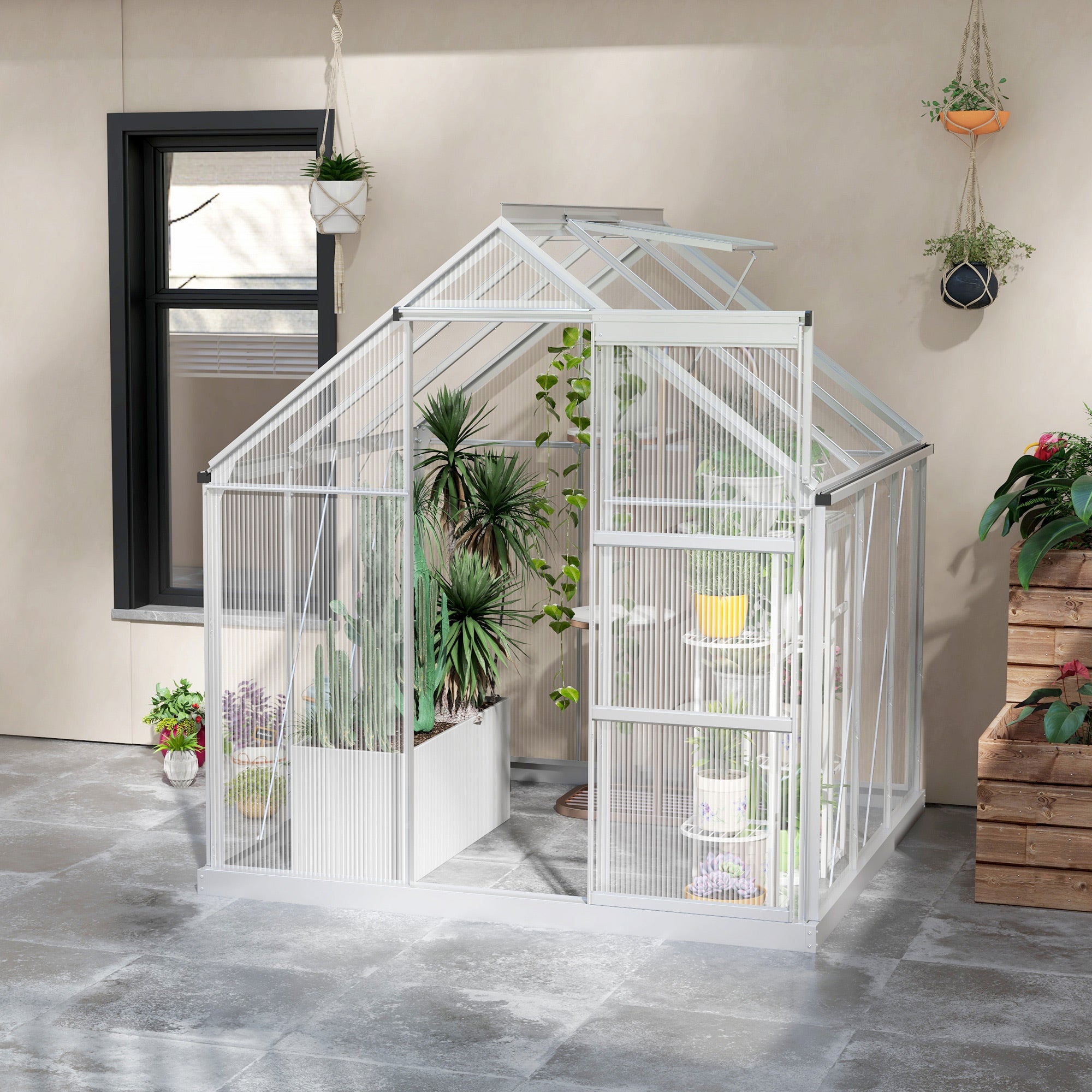Outsunny 6' x 6' Polycarbonate Greenhouse, Walk-In Greenhouse with Sliding Door, Adjustable Vent, Aluminium Frame and Foundation Kit, Garden Grow House with Rain Gutter, Silver