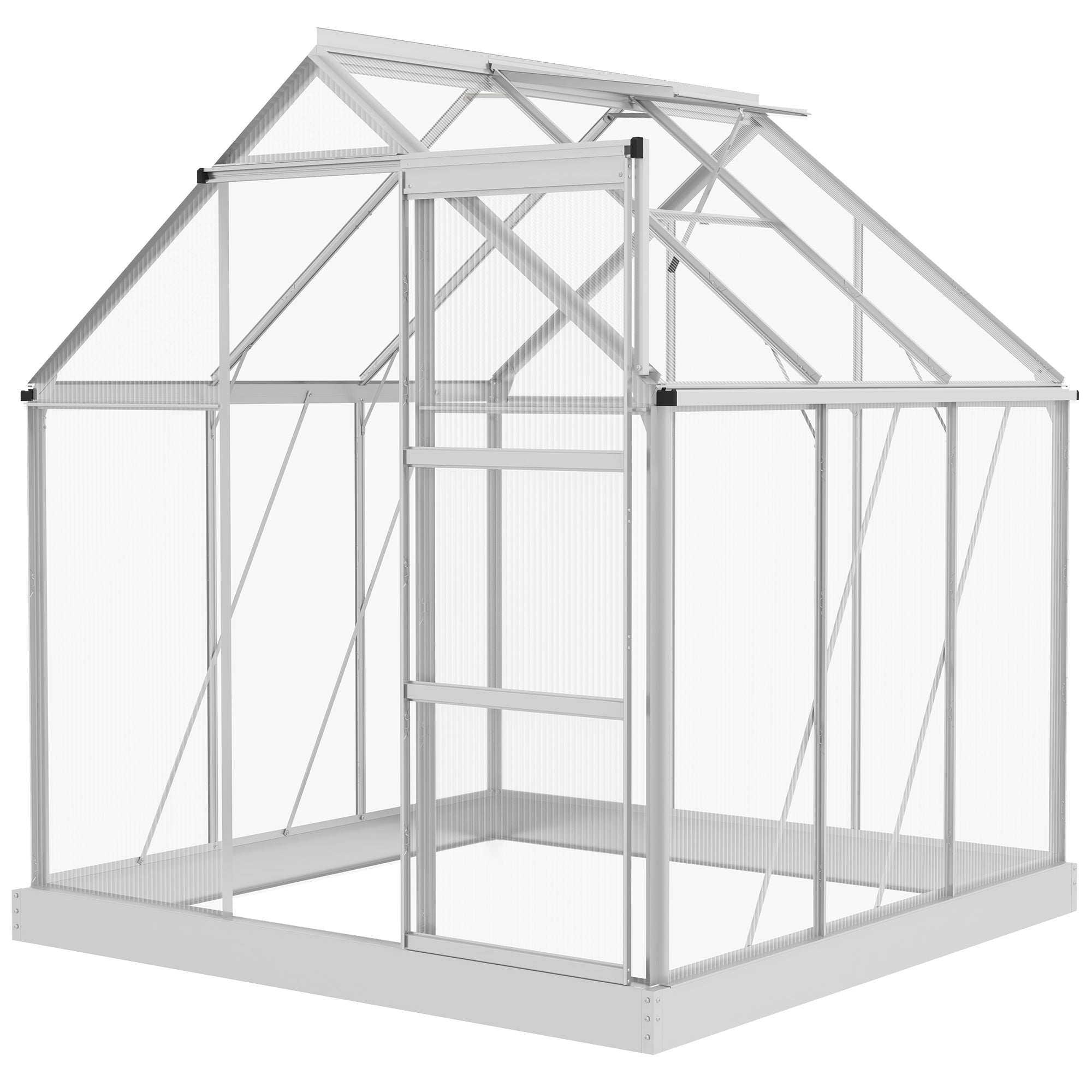 Outsunny 6' x 6' Polycarbonate Greenhouse, Walk-In Greenhouse with Sliding Door, Adjustable Vent, Aluminium Frame and Foundation Kit, Garden Grow House with Rain Gutter, Silver