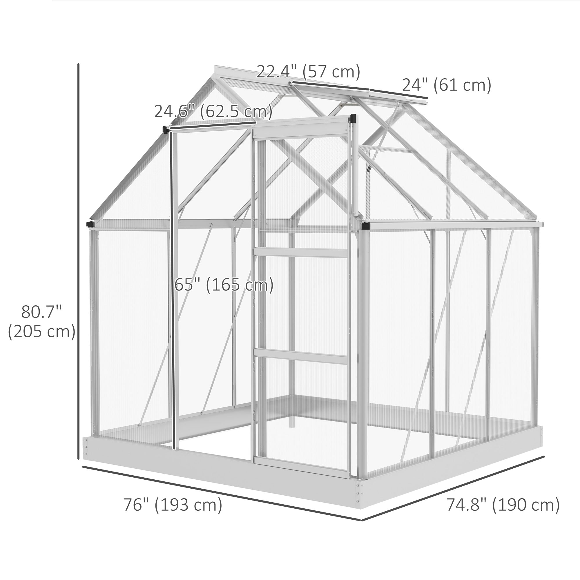 Outsunny 6' x 6' Polycarbonate Greenhouse, Walk-In Greenhouse with Sliding Door, Adjustable Vent, Aluminium Frame and Foundation Kit, Garden Grow House with Rain Gutter, Silver