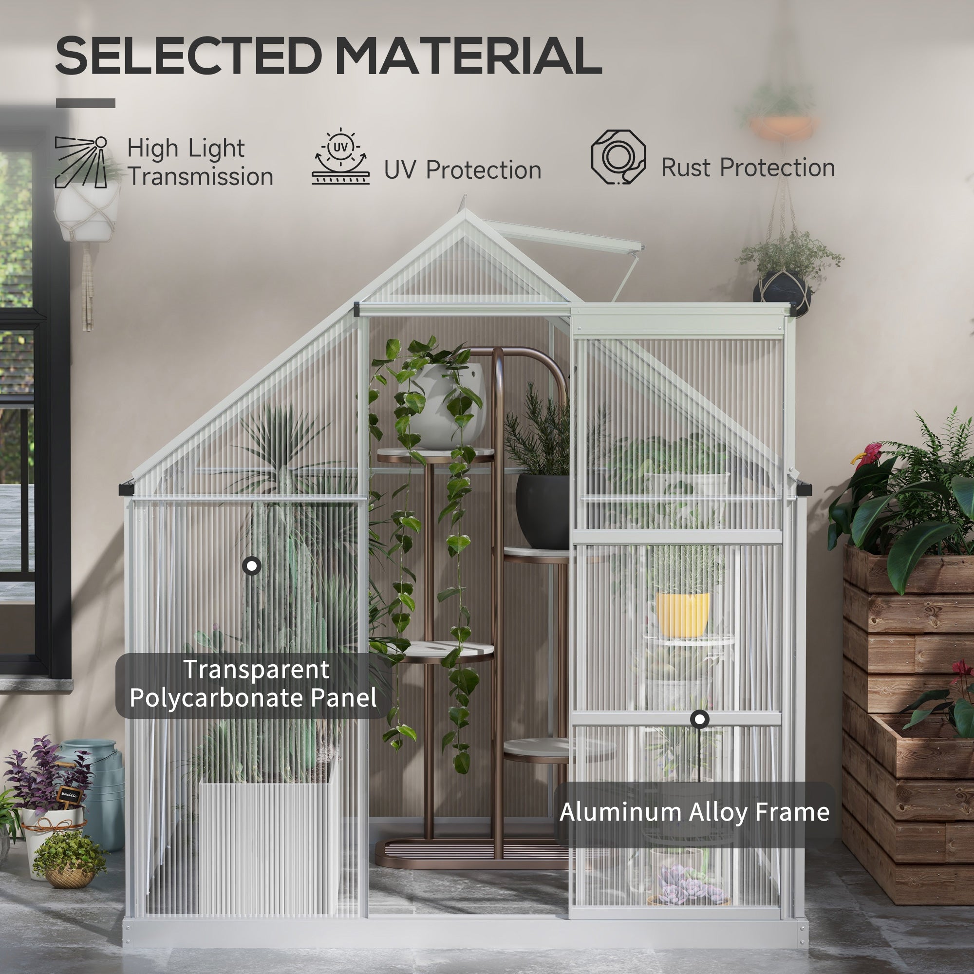 Outsunny 6' x 6' Polycarbonate Greenhouse, Walk-In Greenhouse with Sliding Door, Adjustable Vent, Aluminium Frame and Foundation Kit, Garden Grow House with Rain Gutter, Silver