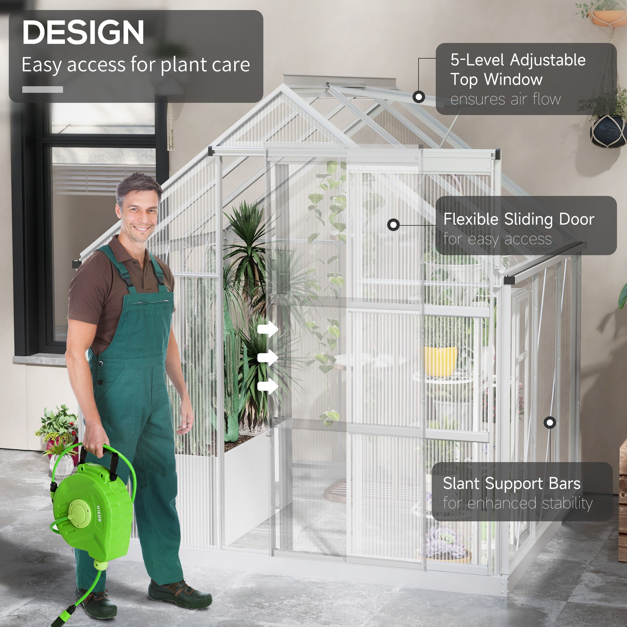 Outsunny 6' x 6' Polycarbonate Greenhouse, Walk-In Greenhouse with Sliding Door, Adjustable Vent, Aluminium Frame and Foundation Kit, Garden Grow House with Rain Gutter, Silver