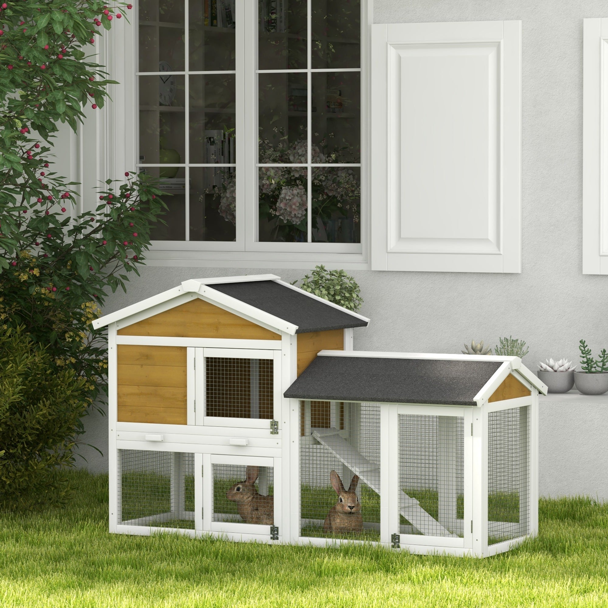 PawHut 58" Large Rabbit Hutch Outdoor Indoor, Wooden Bunny Hutch, Guinea Pig Cage with Run, Removable Tray, Asphalt Roof, Lockable Doors and Ramp, for 1-2 Small Rabbits, Nature Wood
