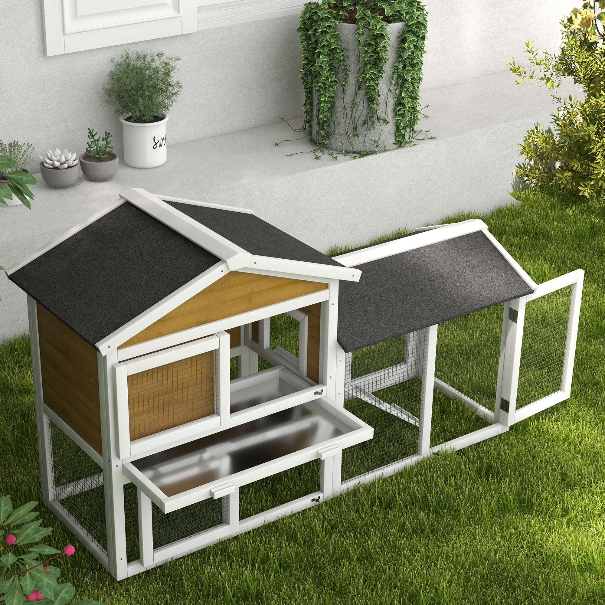 PawHut 58" Large Rabbit Hutch Outdoor Indoor, Wooden Bunny Hutch, Guinea Pig Cage with Run, Removable Tray, Asphalt Roof, Lockable Doors and Ramp, for 1-2 Small Rabbits, Nature Wood