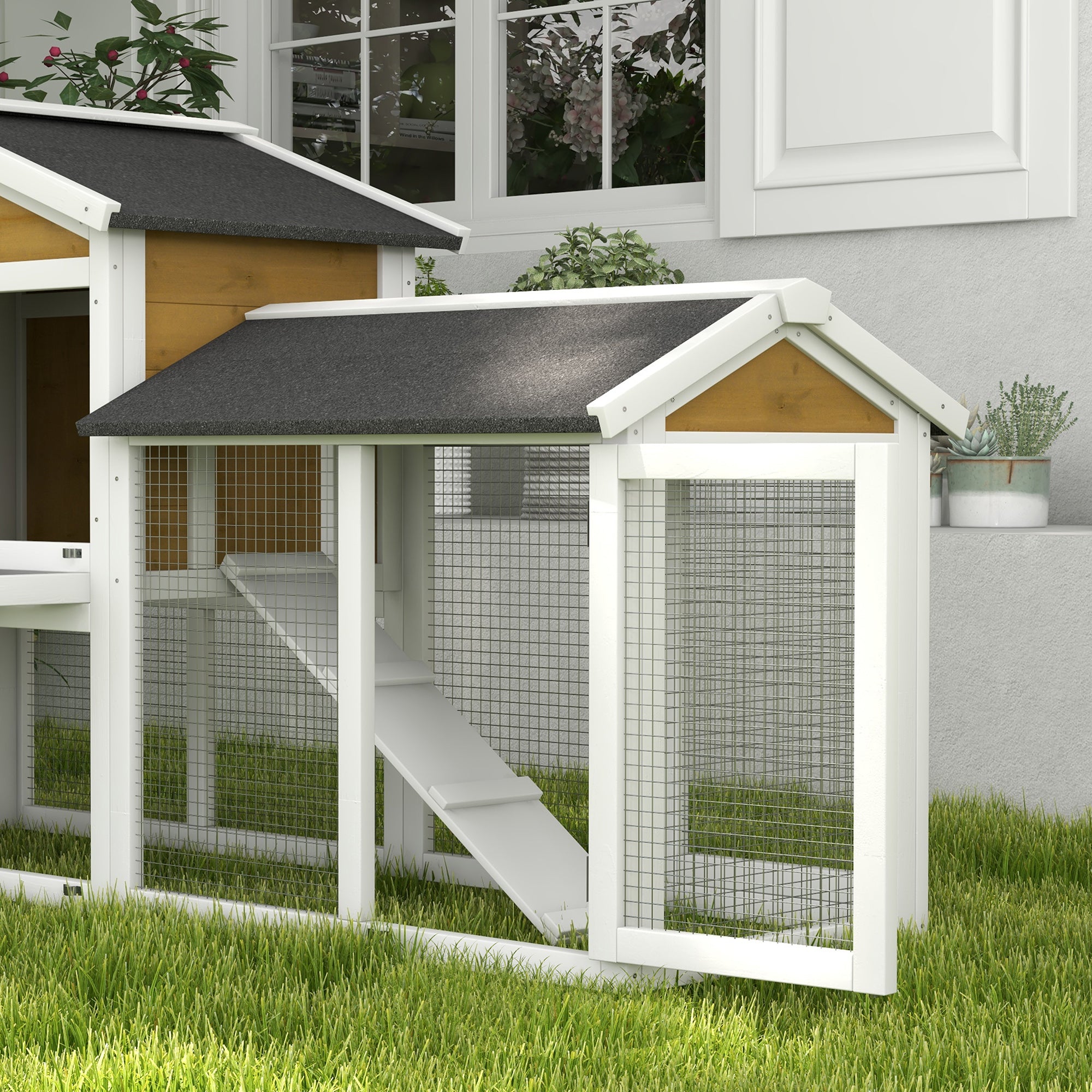 PawHut 58" Large Rabbit Hutch Outdoor Indoor, Wooden Bunny Hutch, Guinea Pig Cage with Run, Removable Tray, Asphalt Roof, Lockable Doors and Ramp, for 1-2 Small Rabbits, Nature Wood