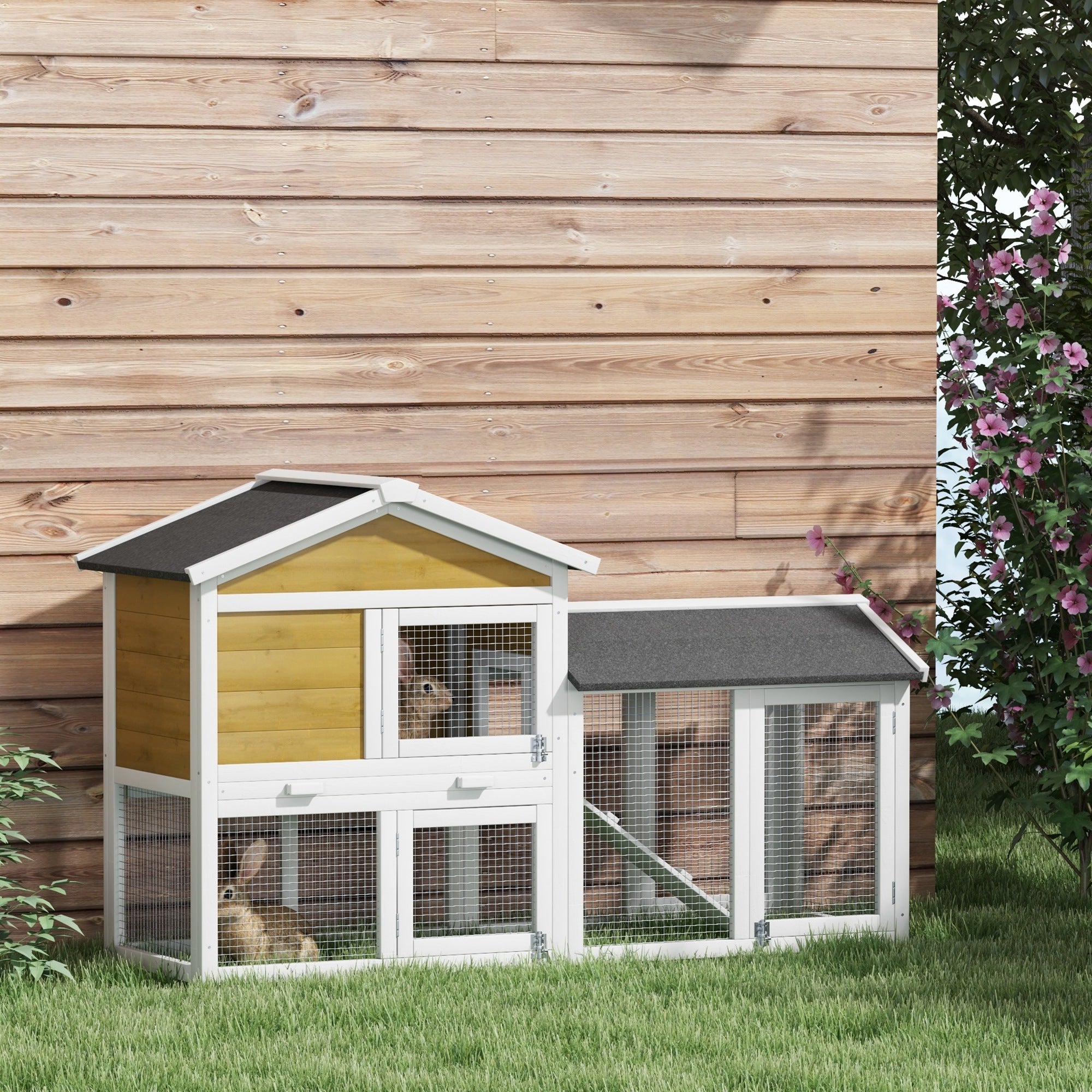 PawHut 58" Large Rabbit Hutch Outdoor Indoor, Wooden Bunny Hutch, Guinea Pig Cage with Run, Removable Tray, Asphalt Roof, Lockable Doors and Ramp, for 1-2 Small Rabbits, Nature Wood