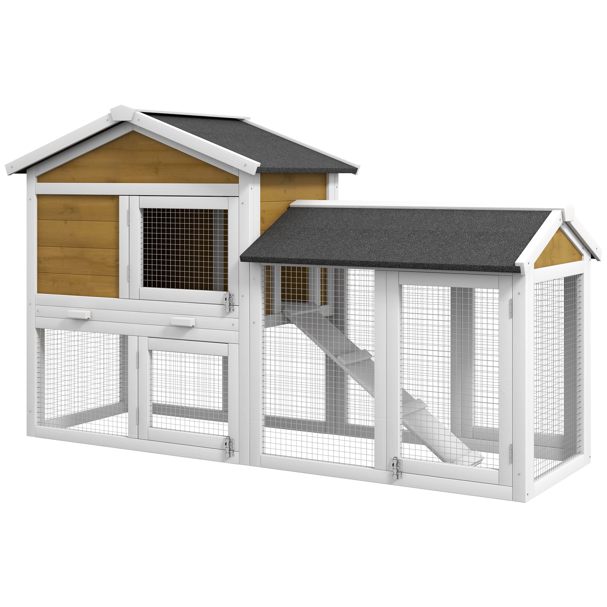 PawHut 58" Large Rabbit Hutch Outdoor Indoor, Wooden Bunny Hutch, Guinea Pig Cage with Run, Removable Tray, Asphalt Roof, Lockable Doors and Ramp, for 1-2 Small Rabbits, Nature Wood