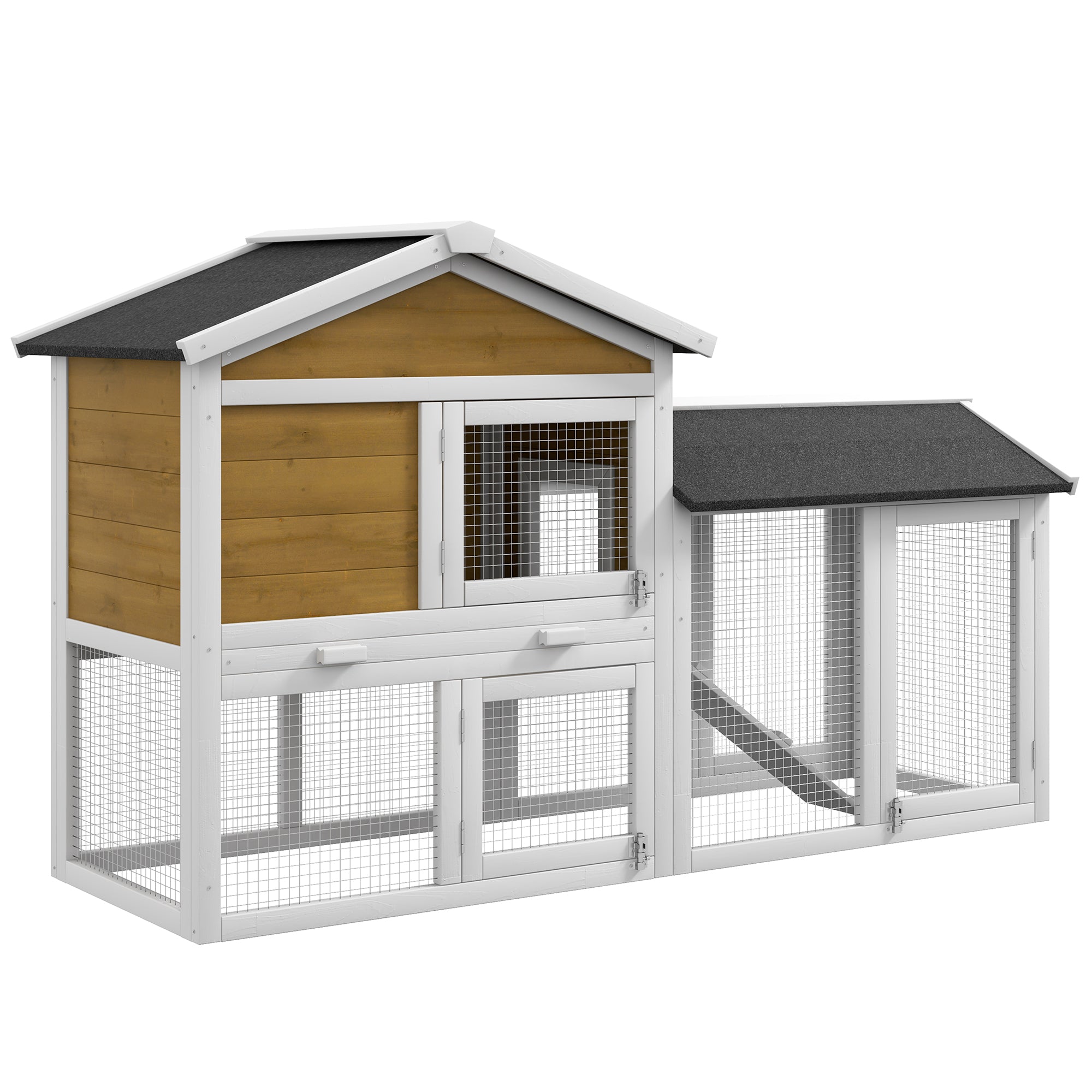 PawHut 58" Large Rabbit Hutch Outdoor Indoor, Wooden Bunny Hutch, Guinea Pig Cage with Run, Removable Tray, Asphalt Roof, Lockable Doors and Ramp, for 1-2 Small Rabbits, Nature Wood