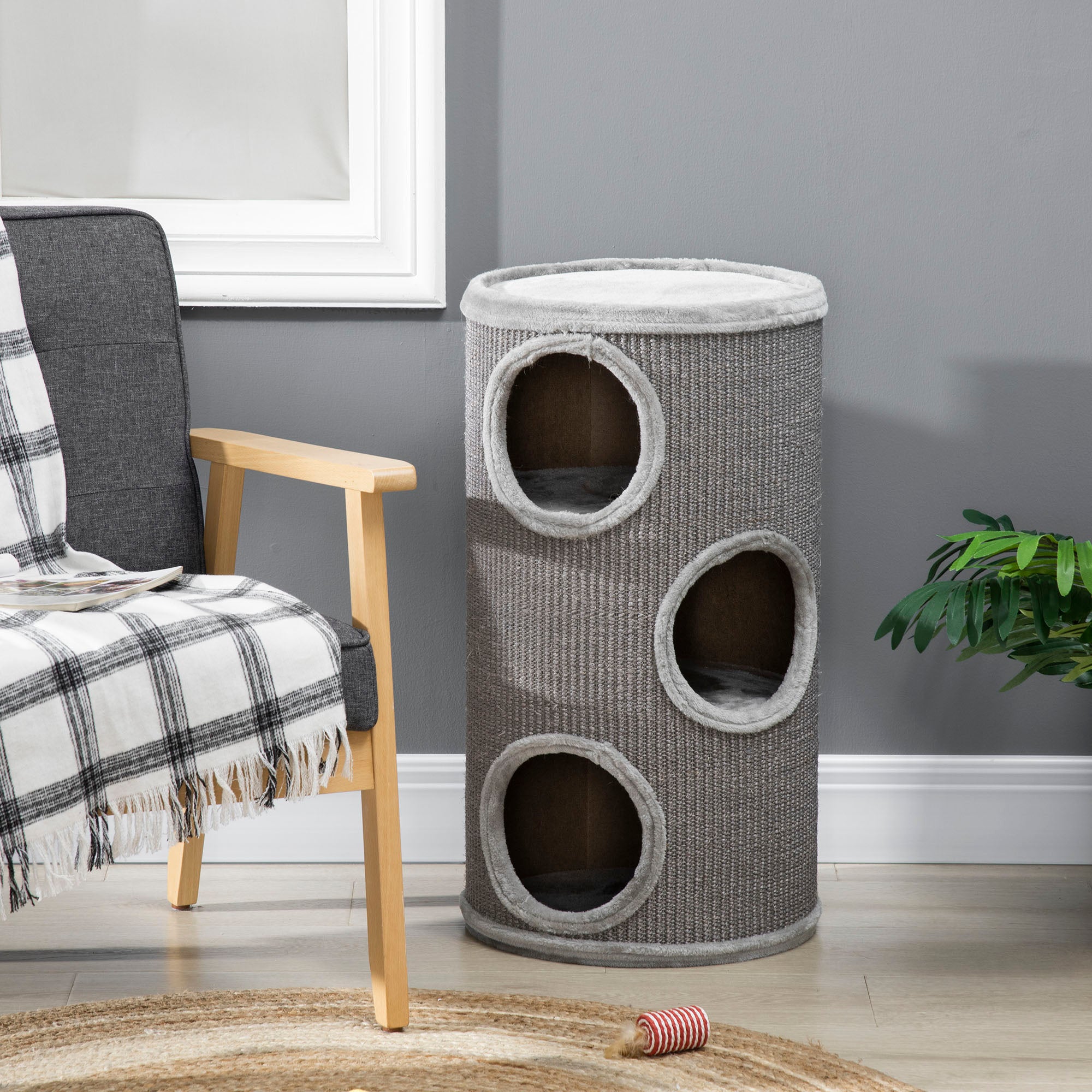 PawHut Cat Barrel Kitten Tree Tower for Indoor Cats, Cat Climbing Frame, Covered in Sisal, Cosy Platform - Light Grey