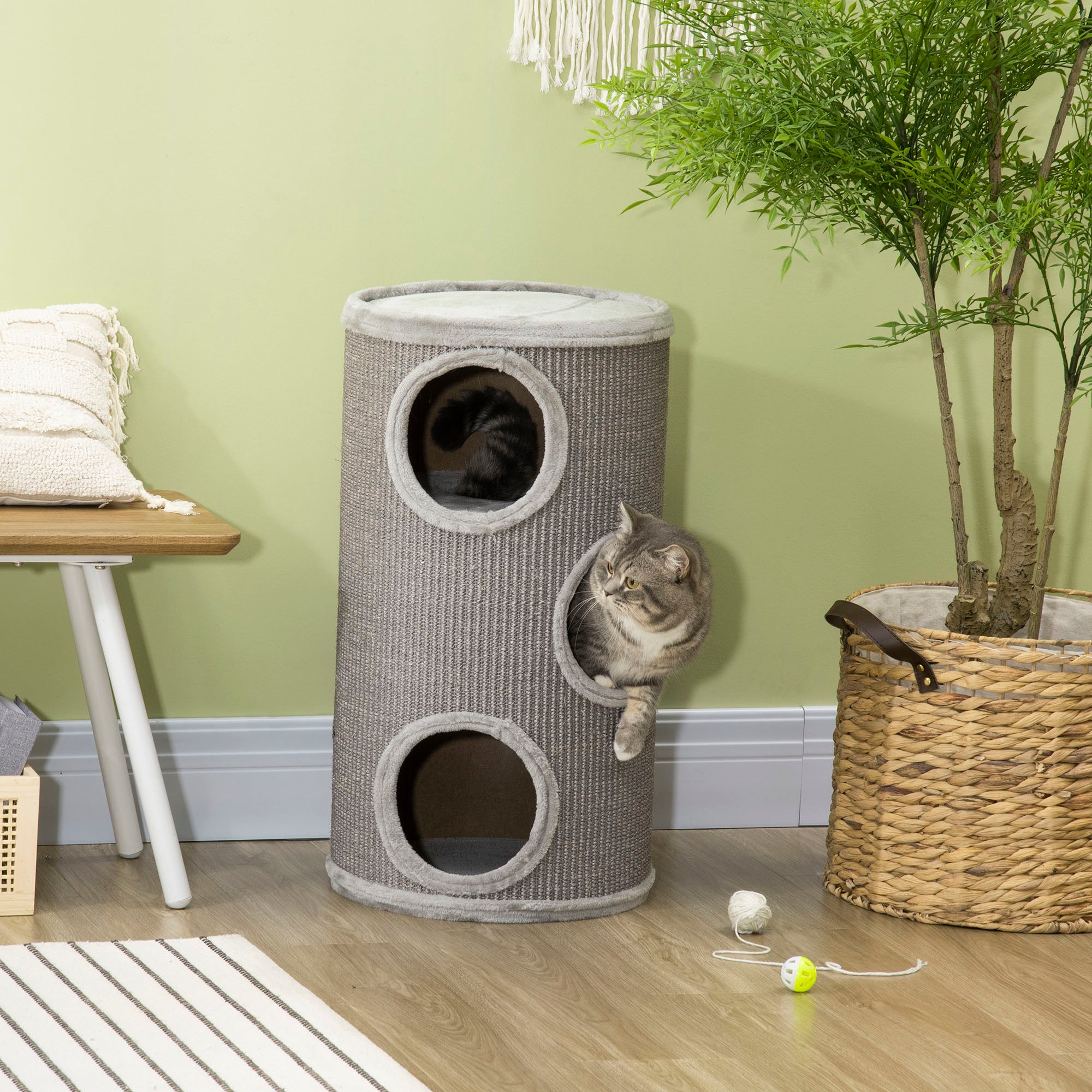 PawHut Cat Barrel Kitten Tree Tower for Indoor Cats, Cat Climbing Frame, Covered in Sisal, Cosy Platform - Light Grey