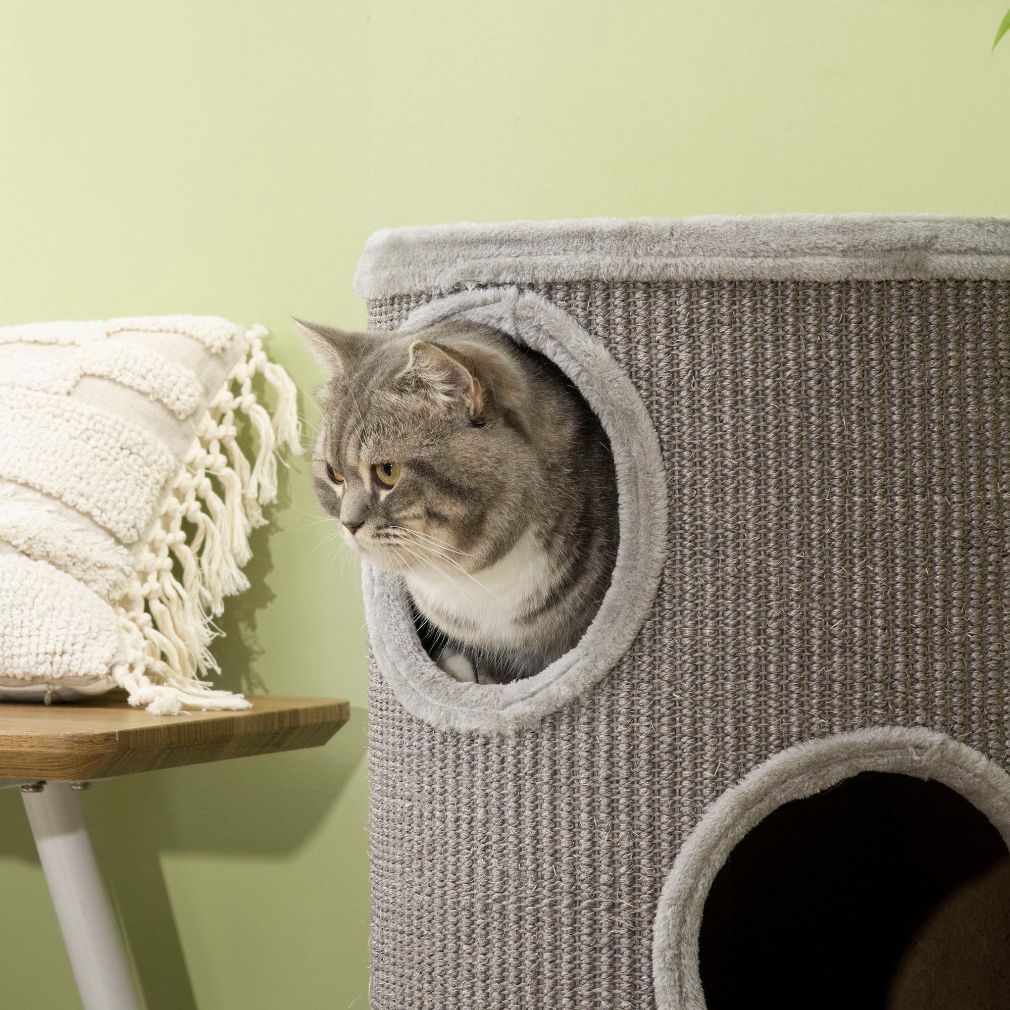 PawHut Cat Barrel Kitten Tree Tower for Indoor Cats, Cat Climbing Frame, Covered in Sisal, Cosy Platform - Light Grey